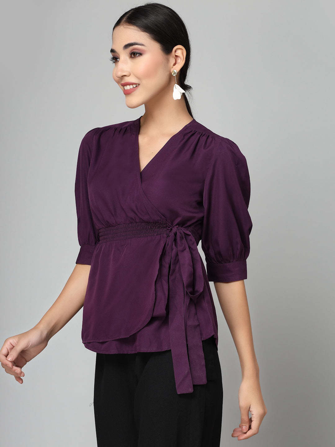 Style Quotient Women Solid Purple Polyester Smart Casual Wrap Top-Tops-StyleQuotient