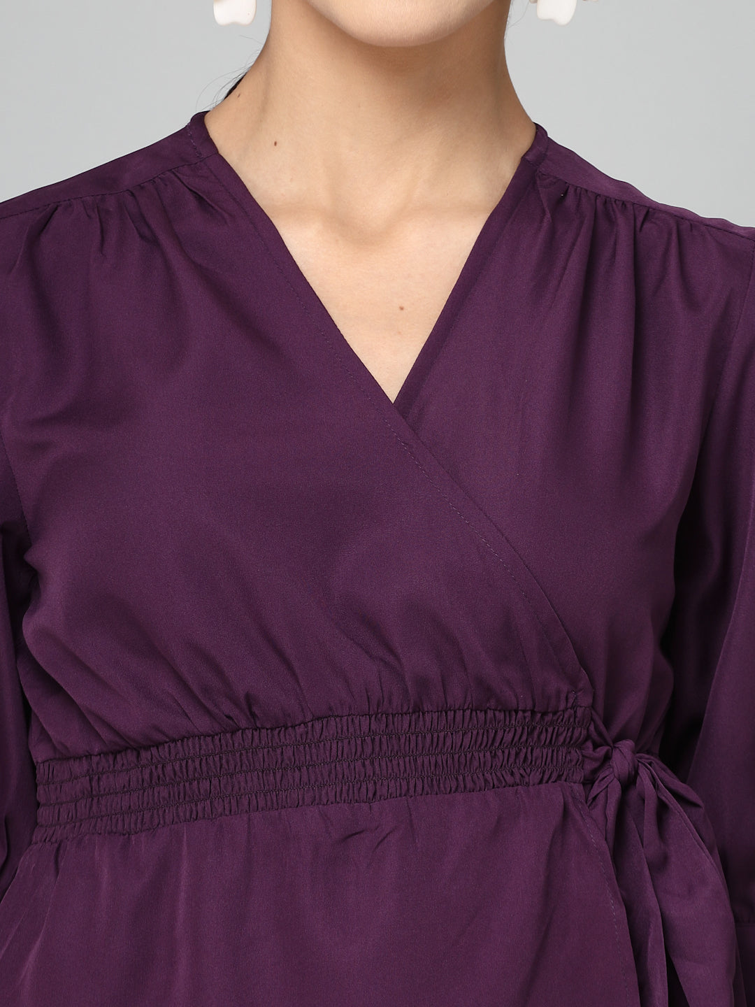 Style Quotient Women Solid Purple Polyester Smart Casual Wrap Top-Tops-StyleQuotient