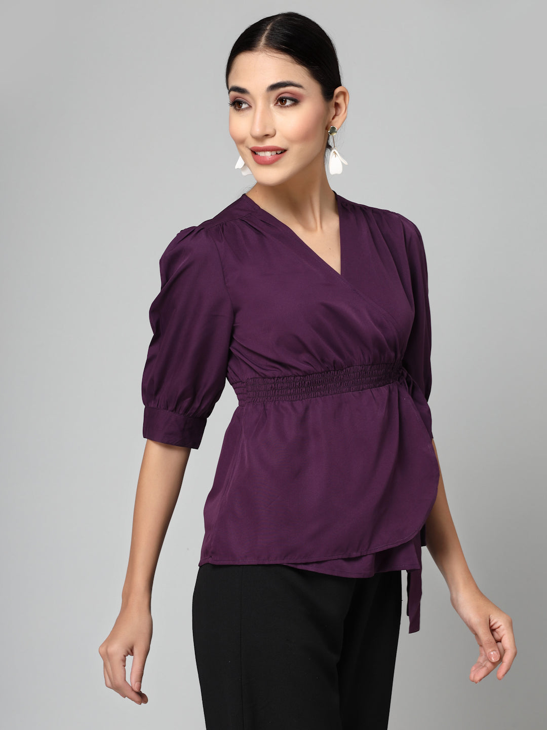 Style Quotient Women Solid Purple Polyester Smart Casual Wrap Top-Tops-StyleQuotient