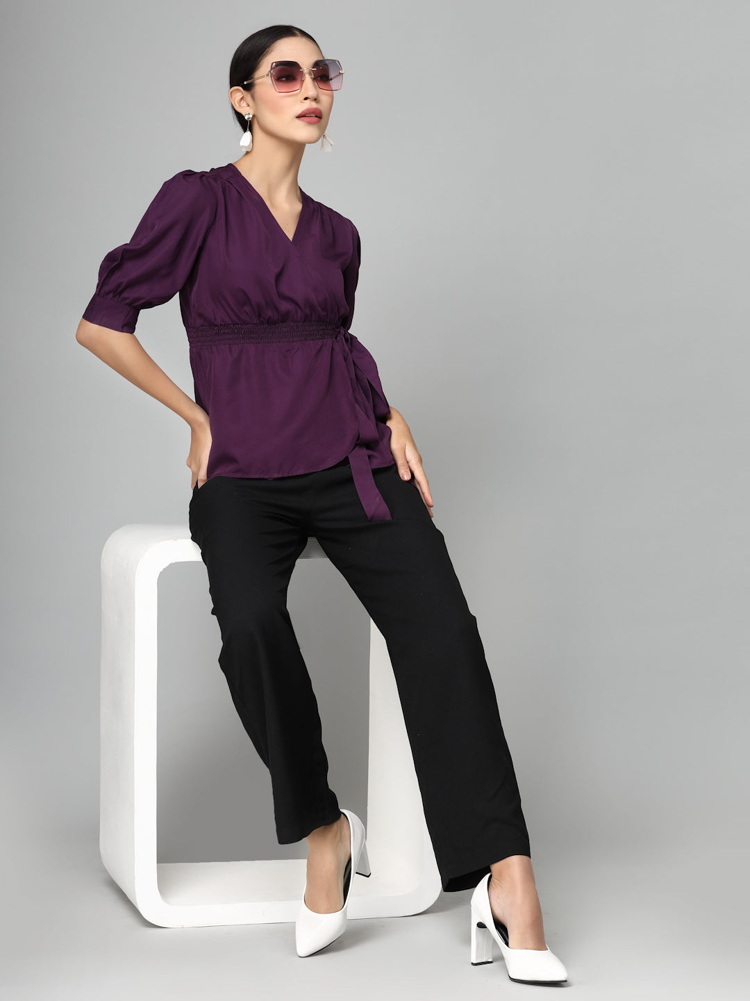 Style Quotient Women Solid Purple Polyester Smart Casual Wrap Top-Tops-StyleQuotient