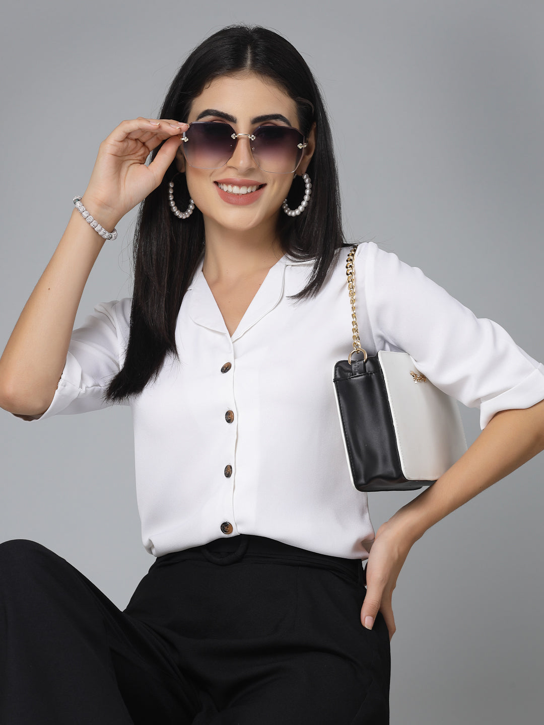 Style Quotient Women Solid White Polycrepe Regular Formal Shirt-Shirts-StyleQuotient