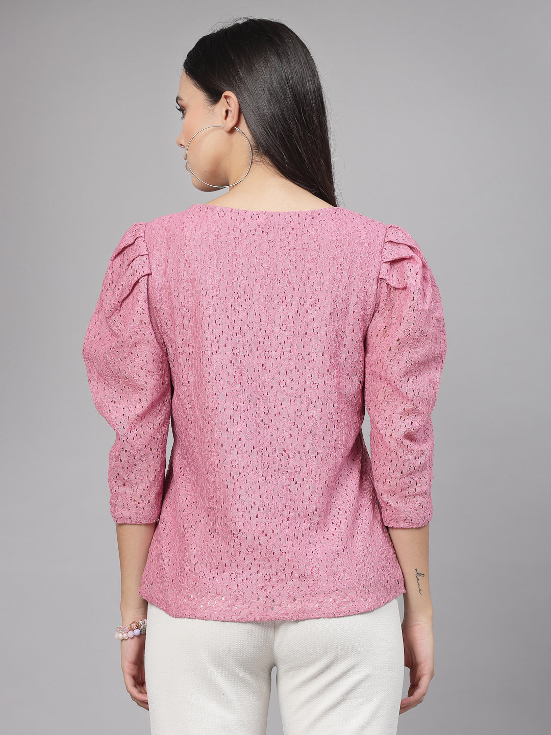Style Quotient Women Pink Self Design Floral Lace Regular Smart Casual Top-Tops-StyleQuotient