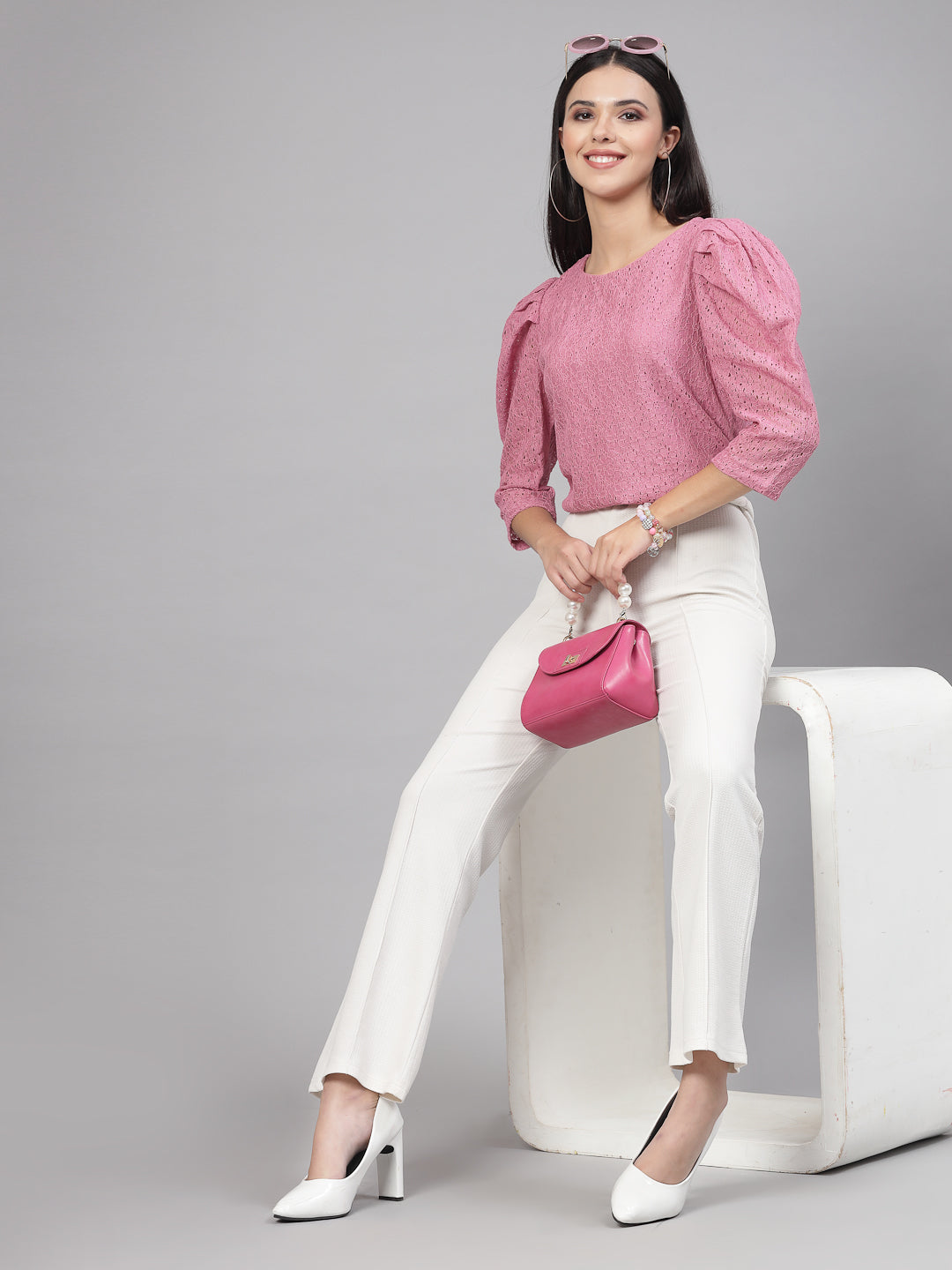 Style Quotient Women Pink Self Design Floral Lace Regular Smart Casual Top-Tops-StyleQuotient