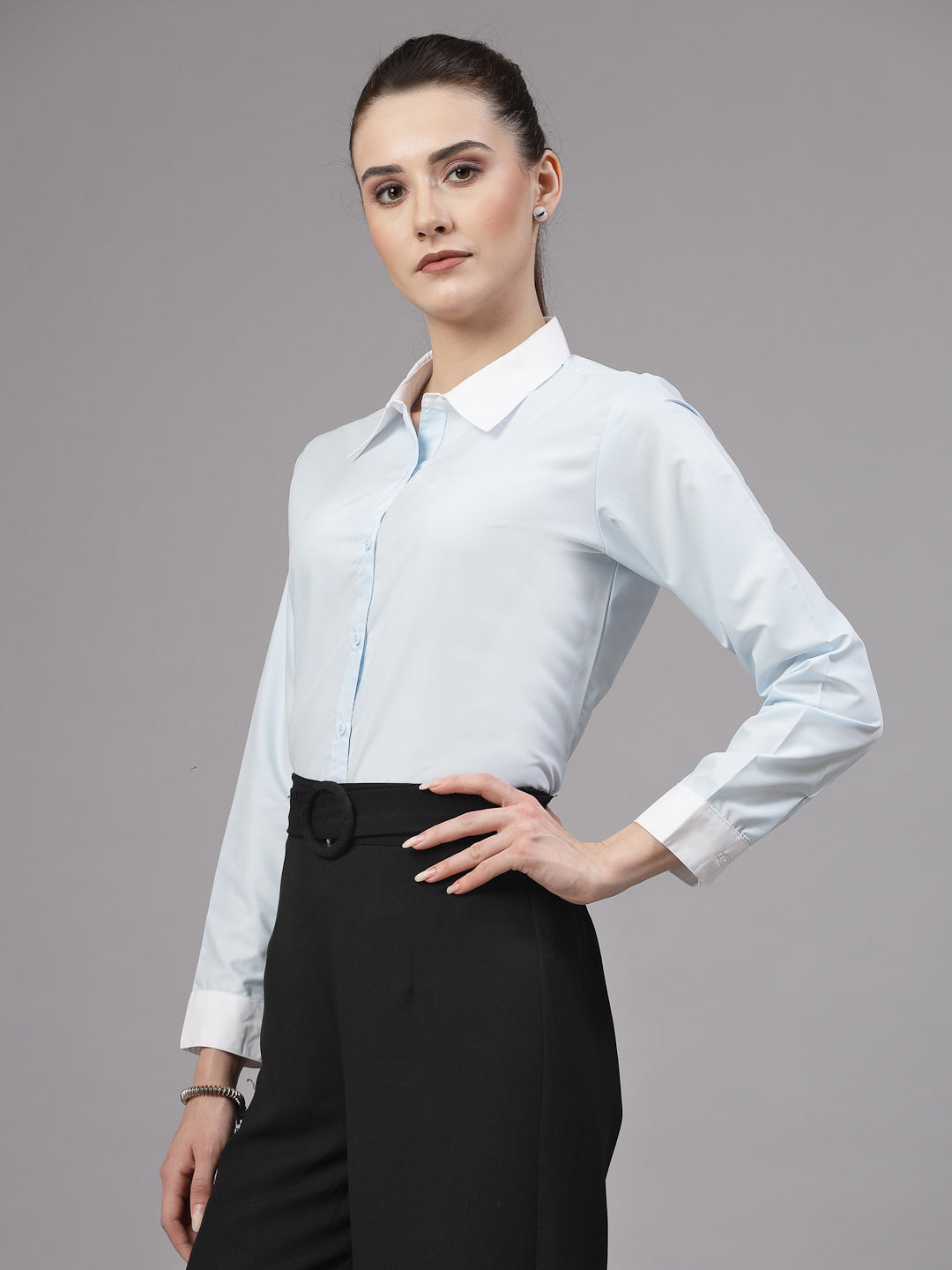 Style Quotient Women Sky Blue and White Colorblock Polycotton Regular Shirt-Shirts-StyleQuotient