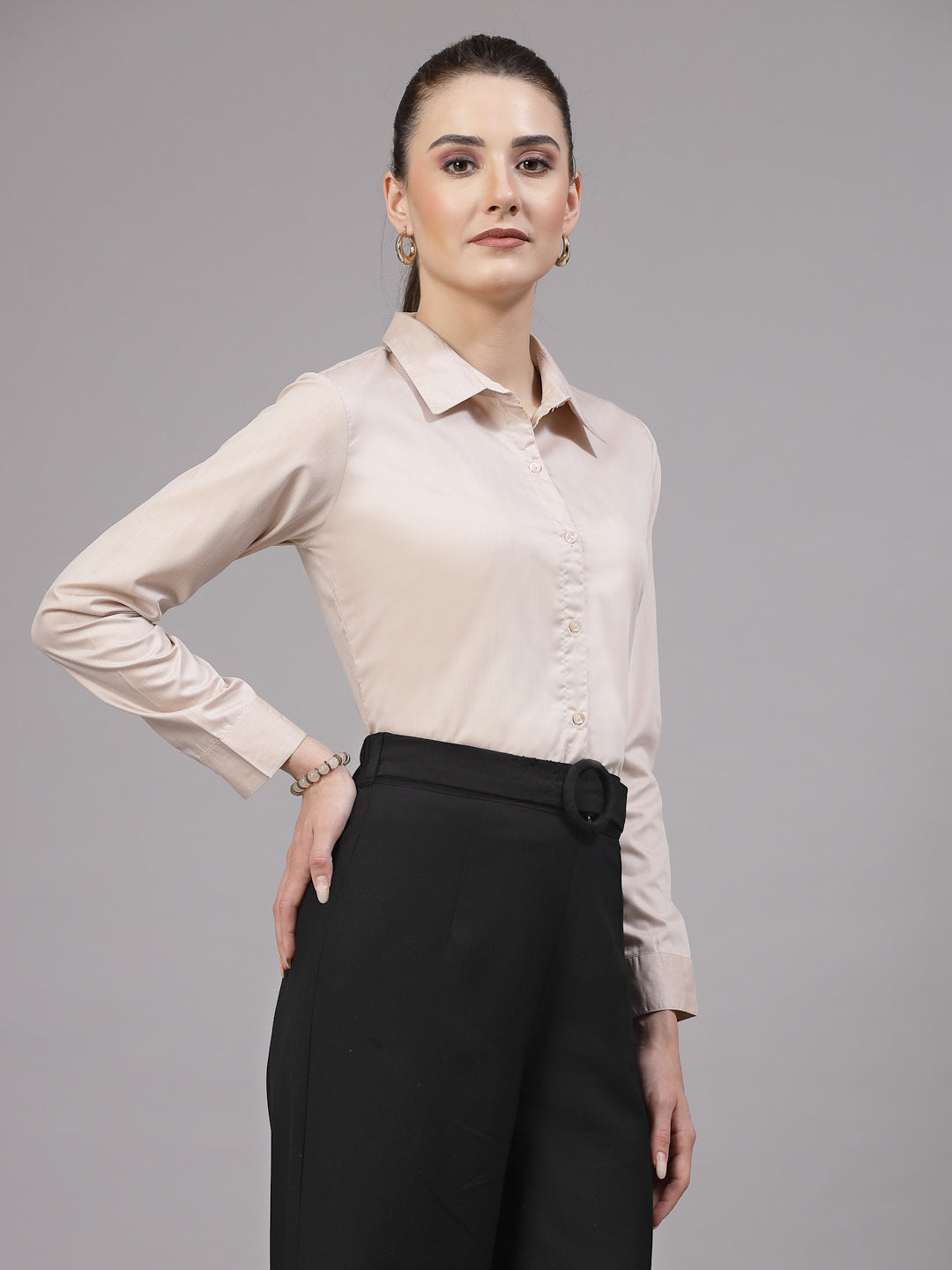 Style Quotient Women Solid Beige Regular Formal Shirt-Shirts-StyleQuotient