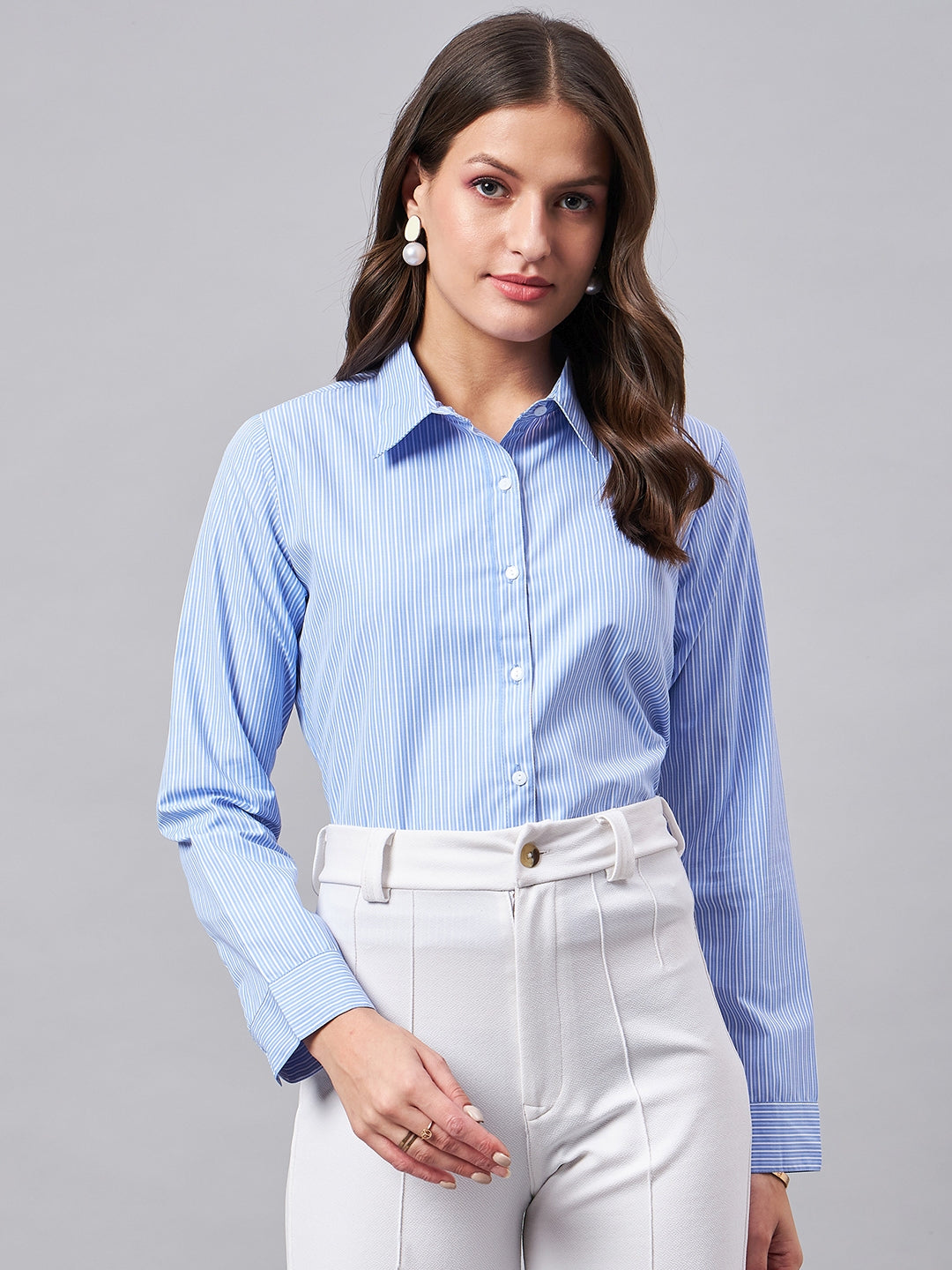 Style Quotient Women Self Design Stripe Blue And White Polycotton Formal Shirt-Shirts-StyleQuotient