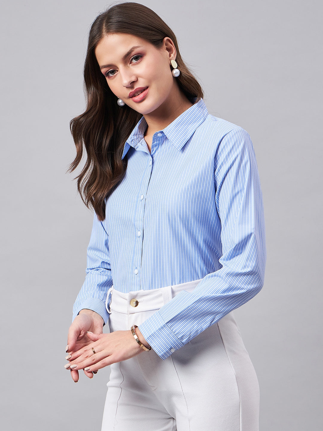 Style Quotient Women Self Design Stripe Blue And White Polycotton Formal Shirt-Shirts-StyleQuotient