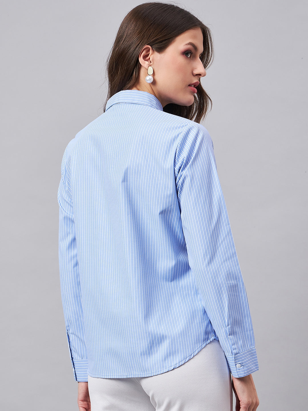 Style Quotient Women Self Design Stripe Blue And White Polycotton Formal Shirt-Shirts-StyleQuotient