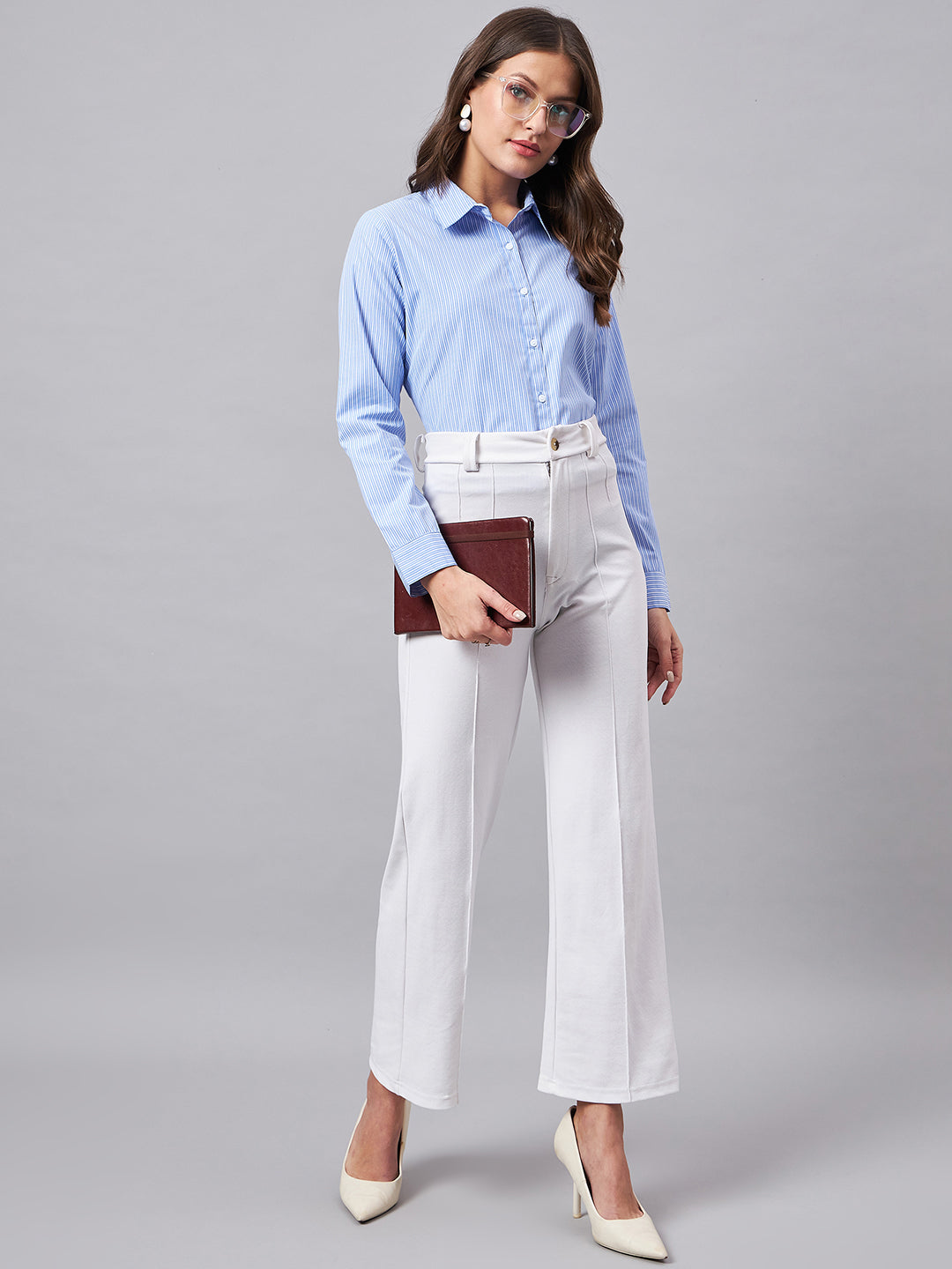 Style Quotient Women Self Design Stripe Blue And White Polycotton Formal Shirt-Shirts-StyleQuotient