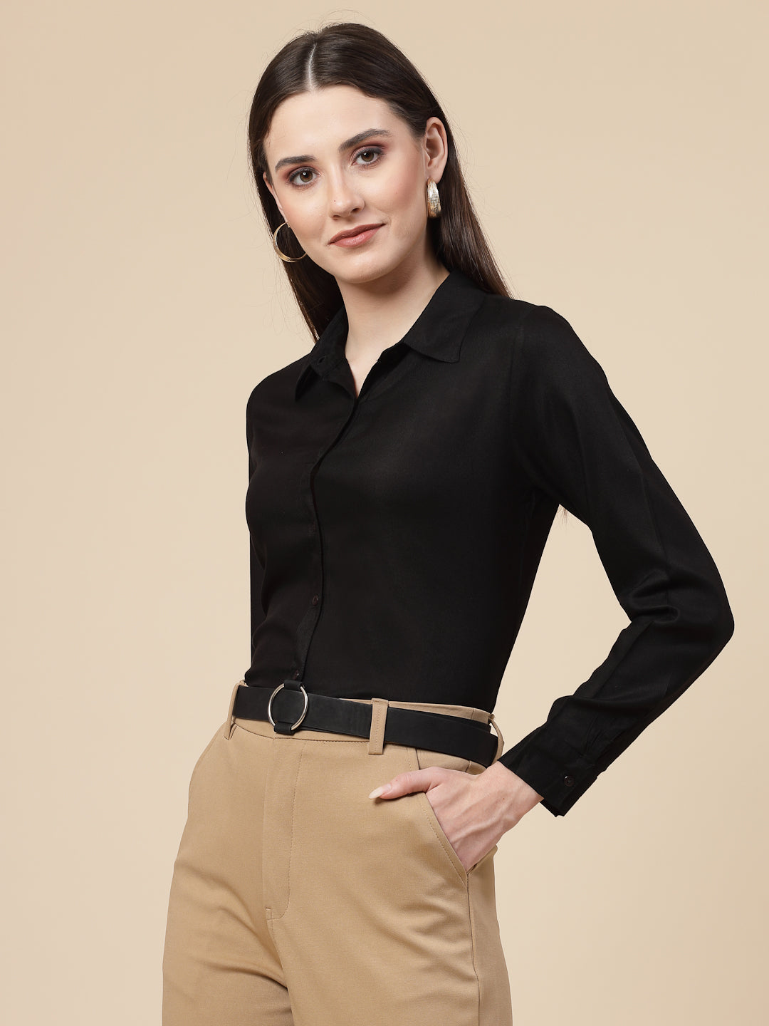 Style Quotient Women Solid Black Rayon Regular Shirt-Shirts-StyleQuotient
