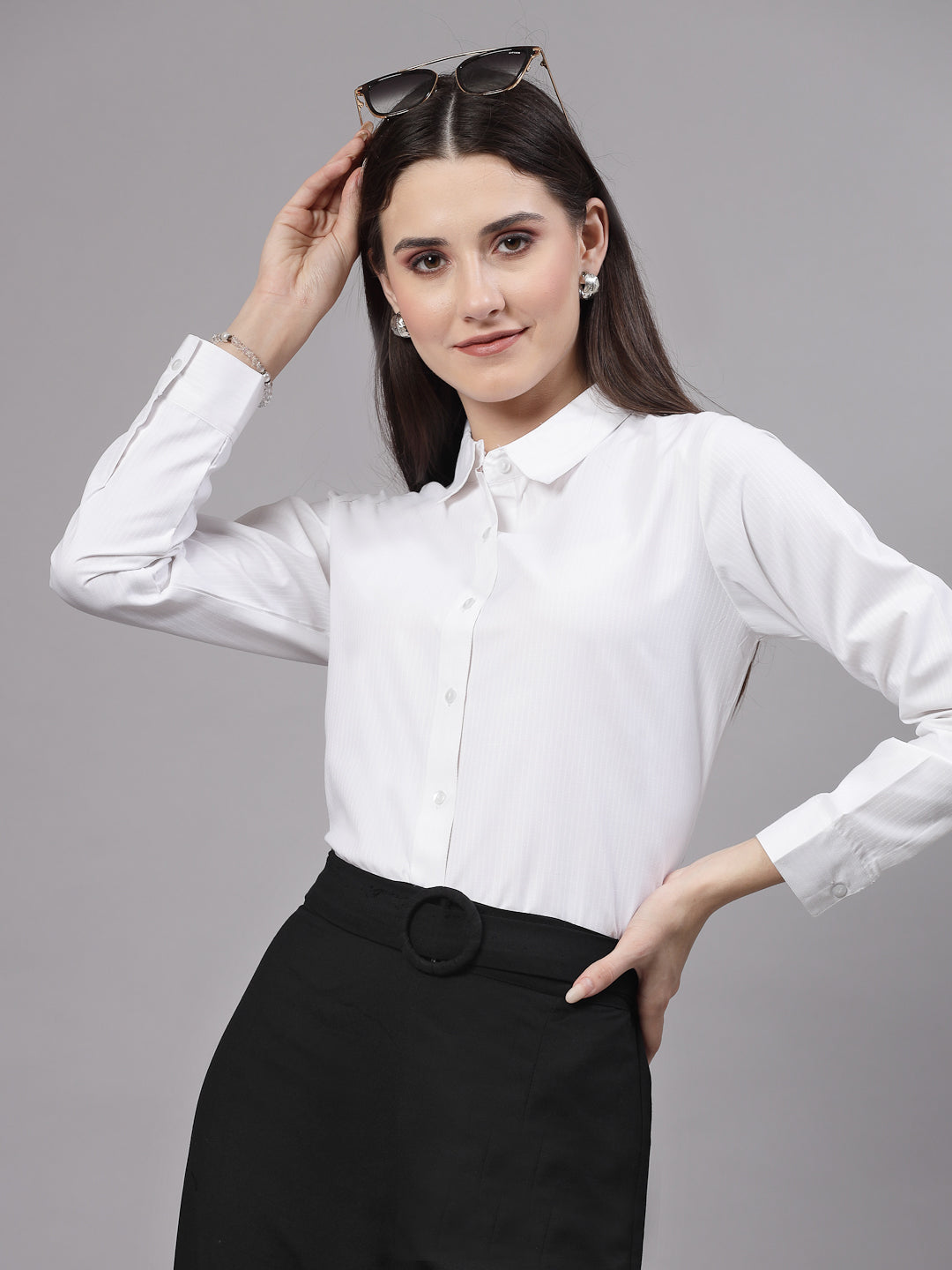Style Quotient Women Self Design White polycotton Formal Shirt-Shirts-StyleQuotient