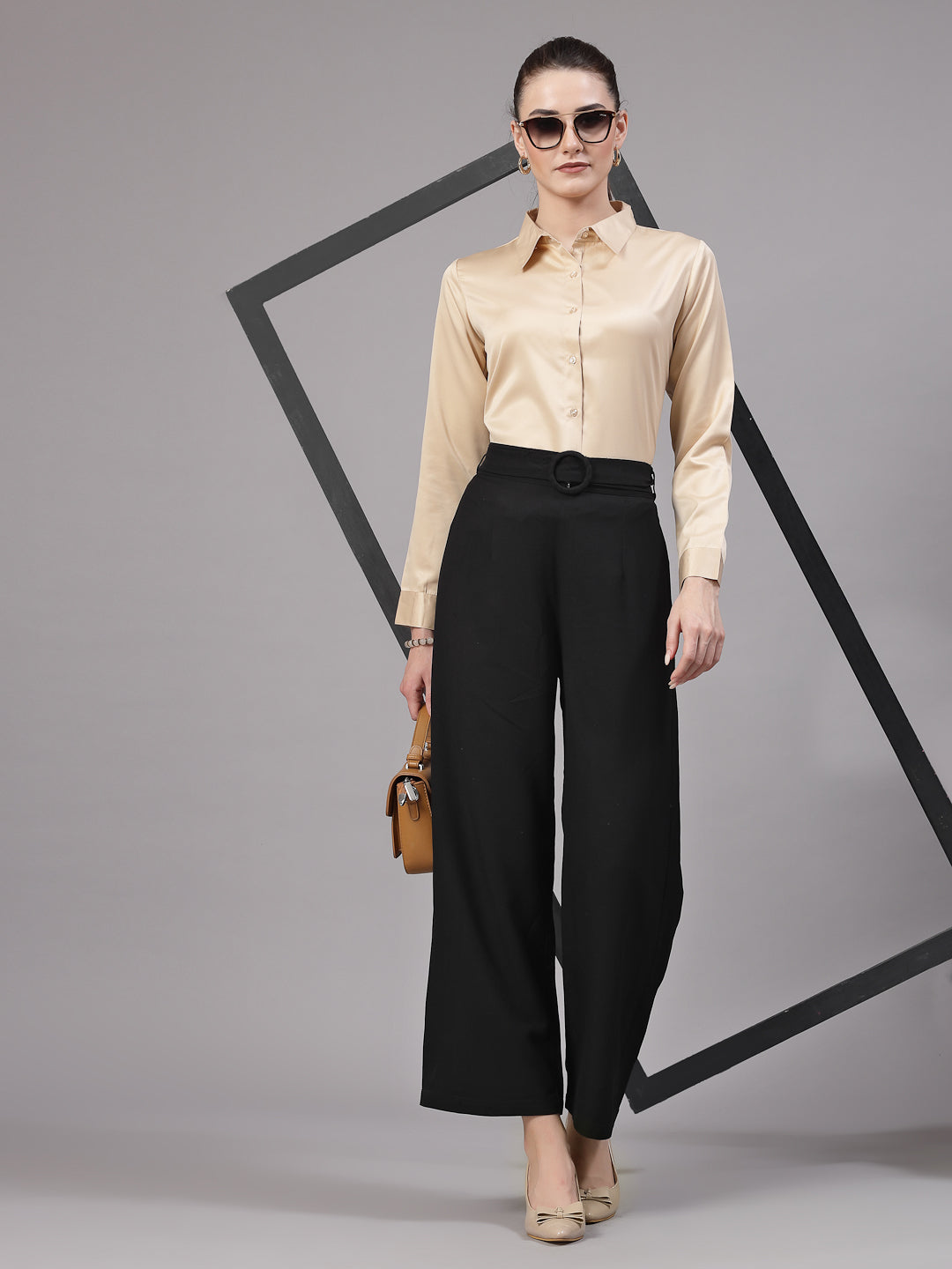 Style Quotient Women Champagne Satin Regular Formal Shirt-Shirts-StyleQuotient
