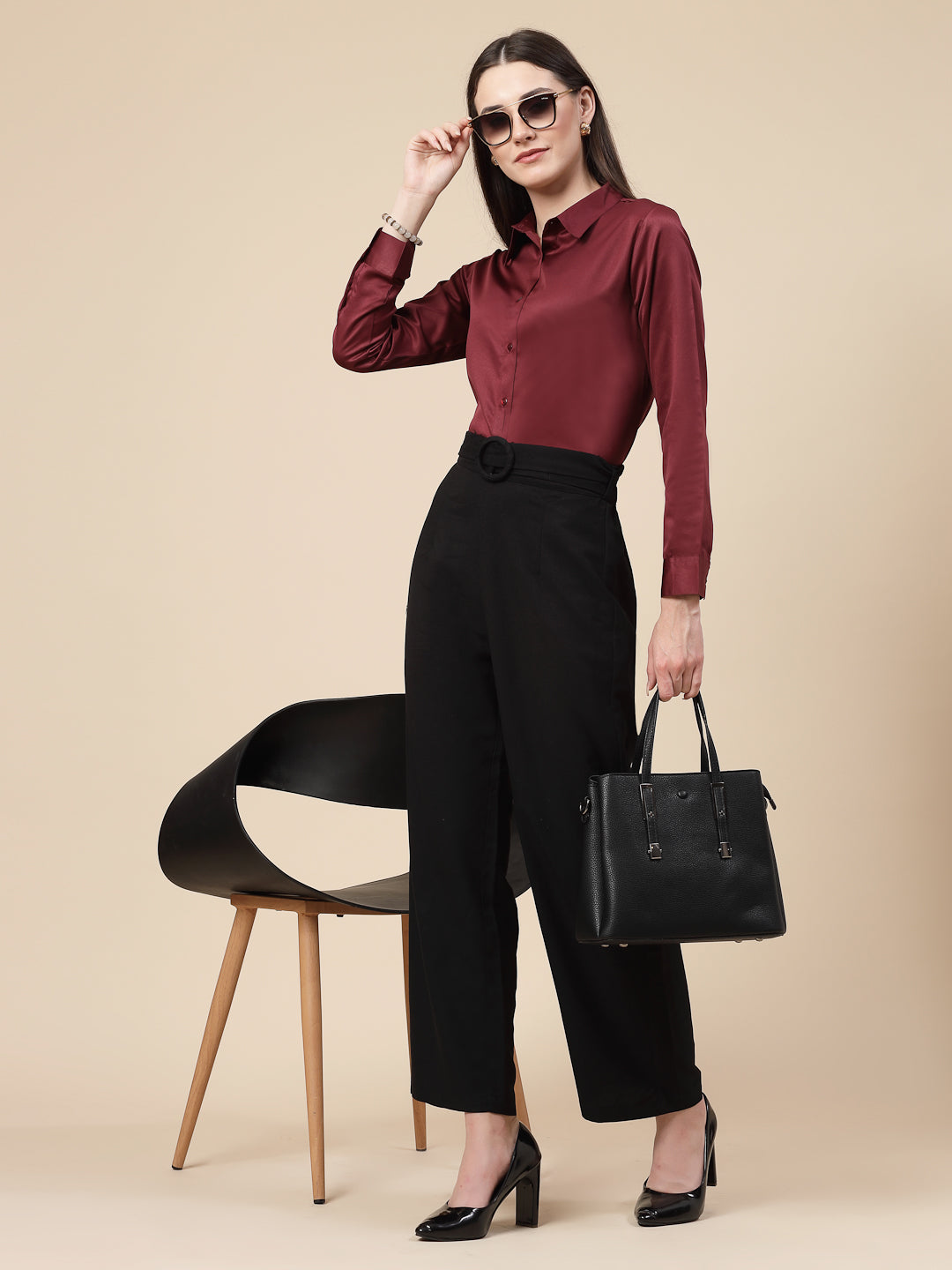 Style Quotient Women Maroon Satin Regular Formal Shirt-Shirts-StyleQuotient