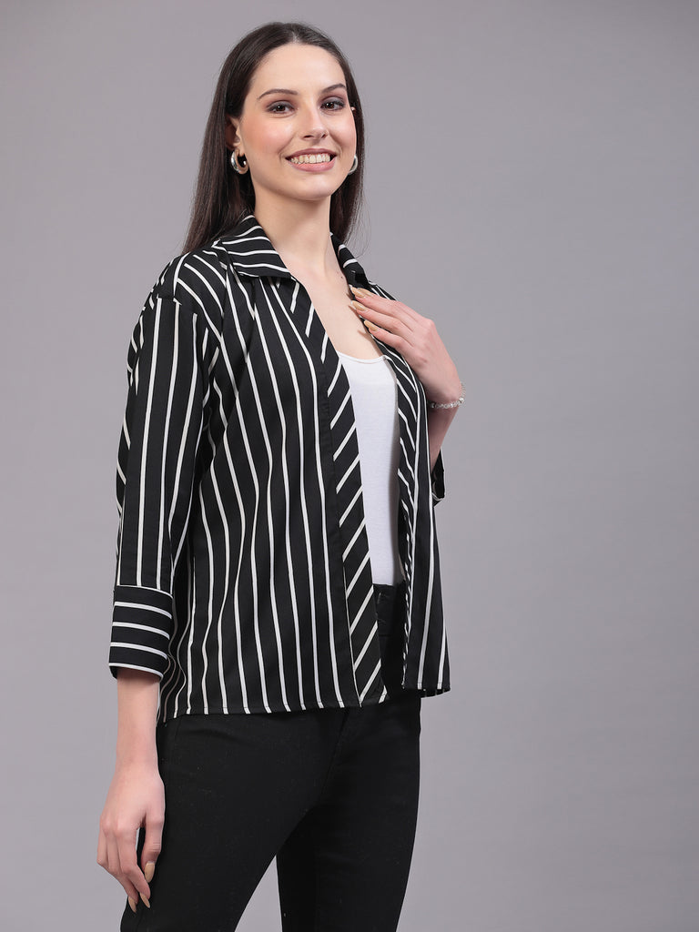 Style Quotient Women Casual Black and White Stripe Spread Collar Full Sleeve Shrug-Shrug-StyleQuotient