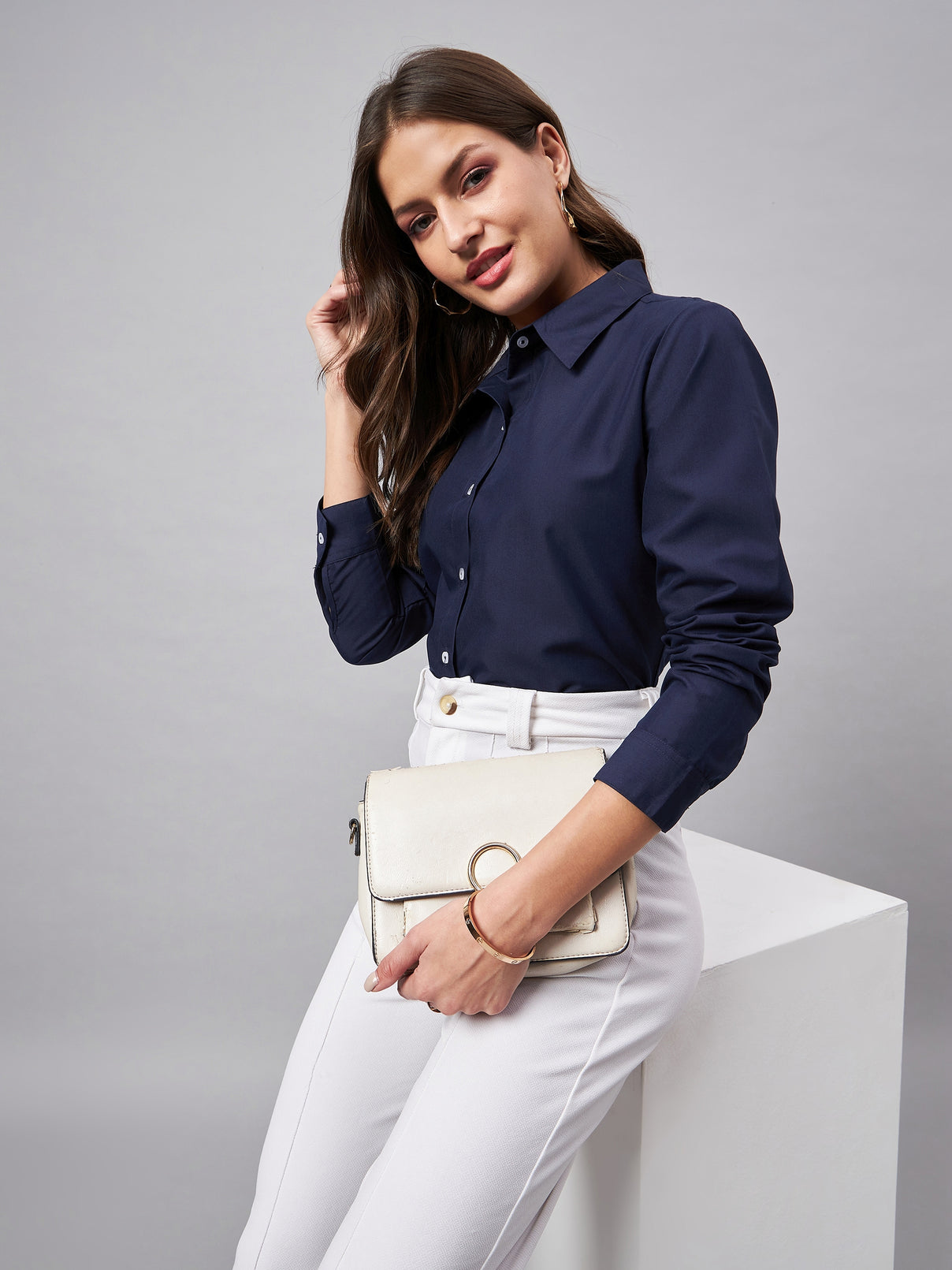 Style Quotient Women Smart Navy Spread Collar Full Sleeve Shirt-Shirts-StyleQuotient