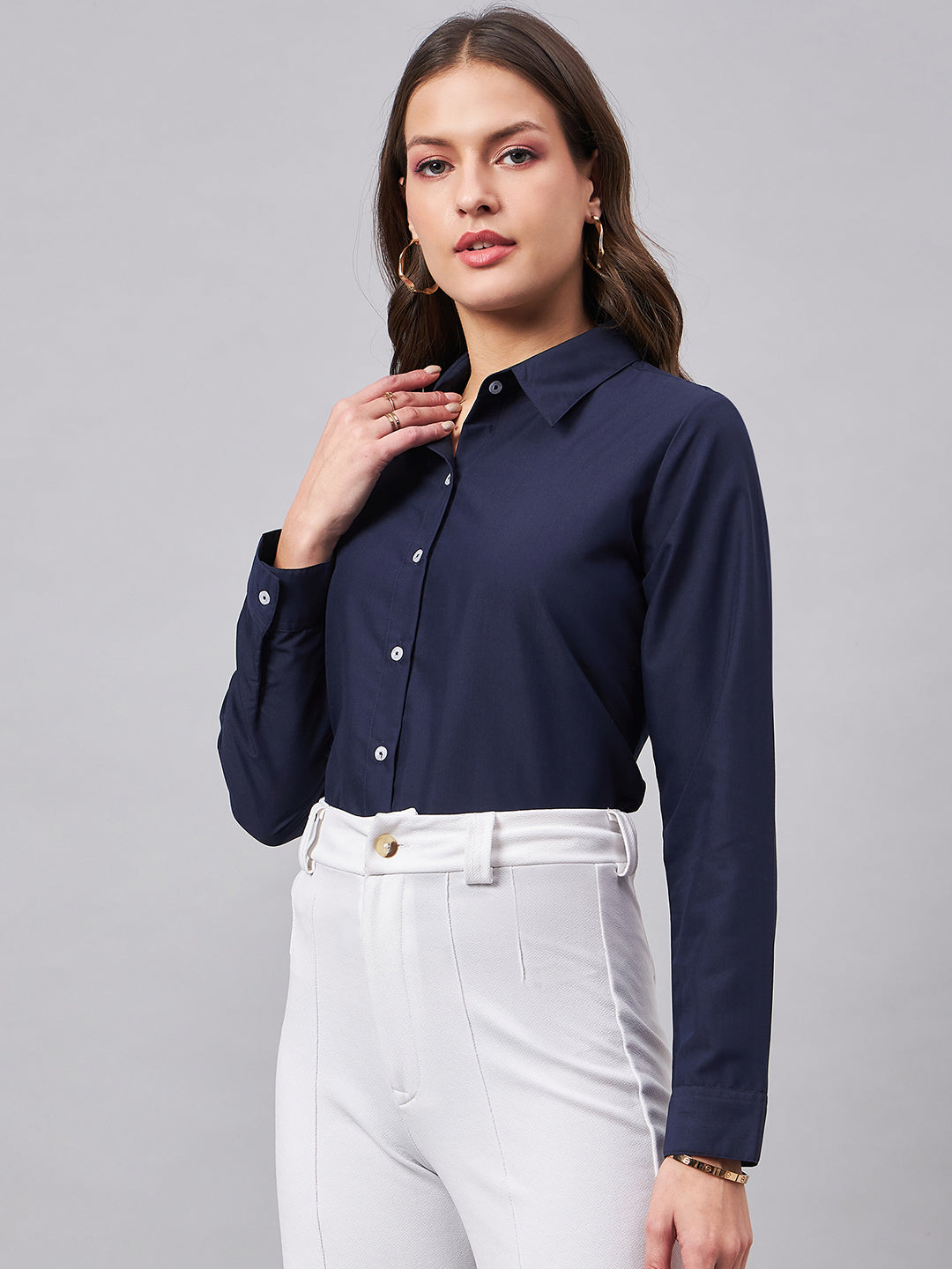 Style Quotient Women Smart Navy Spread Collar Full Sleeve Shirt-Shirts-StyleQuotient