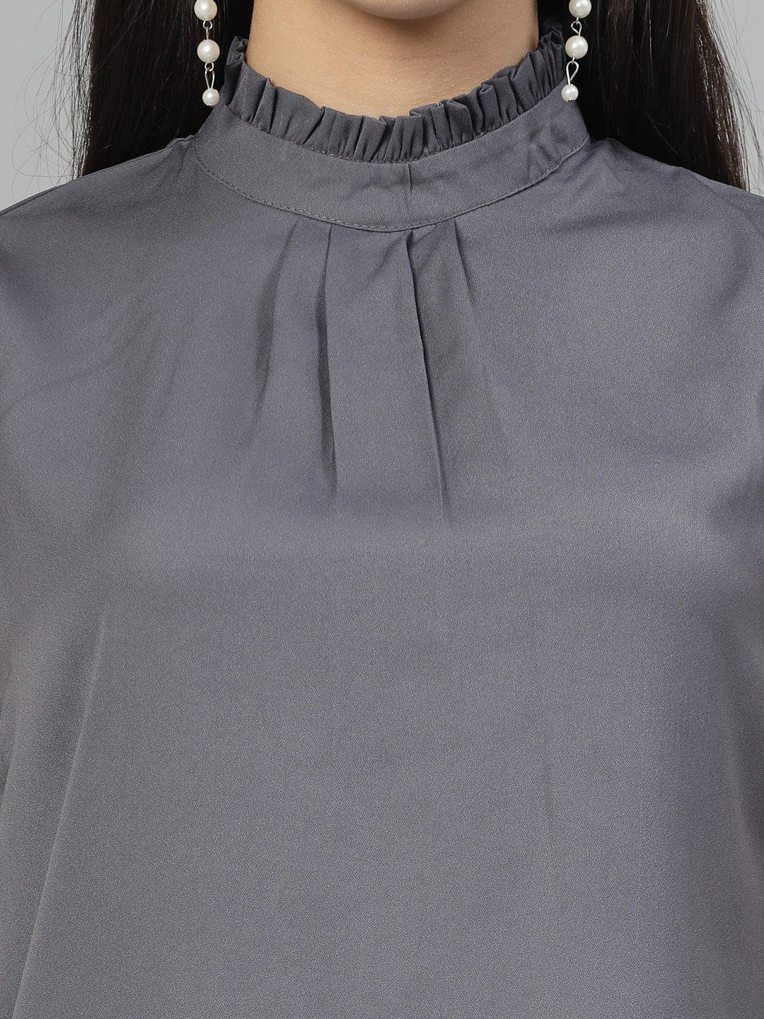 Style Quotient Women Solid Grey Polycrepe Smart Casual Top-Tops-StyleQuotient