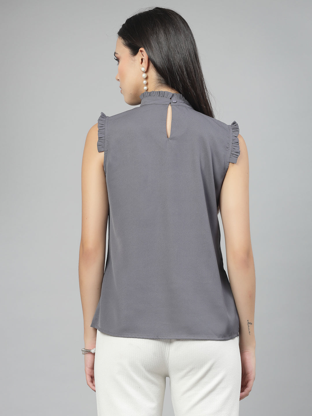 Style Quotient Women Solid Grey Polycrepe Smart Casual Top-Tops-StyleQuotient