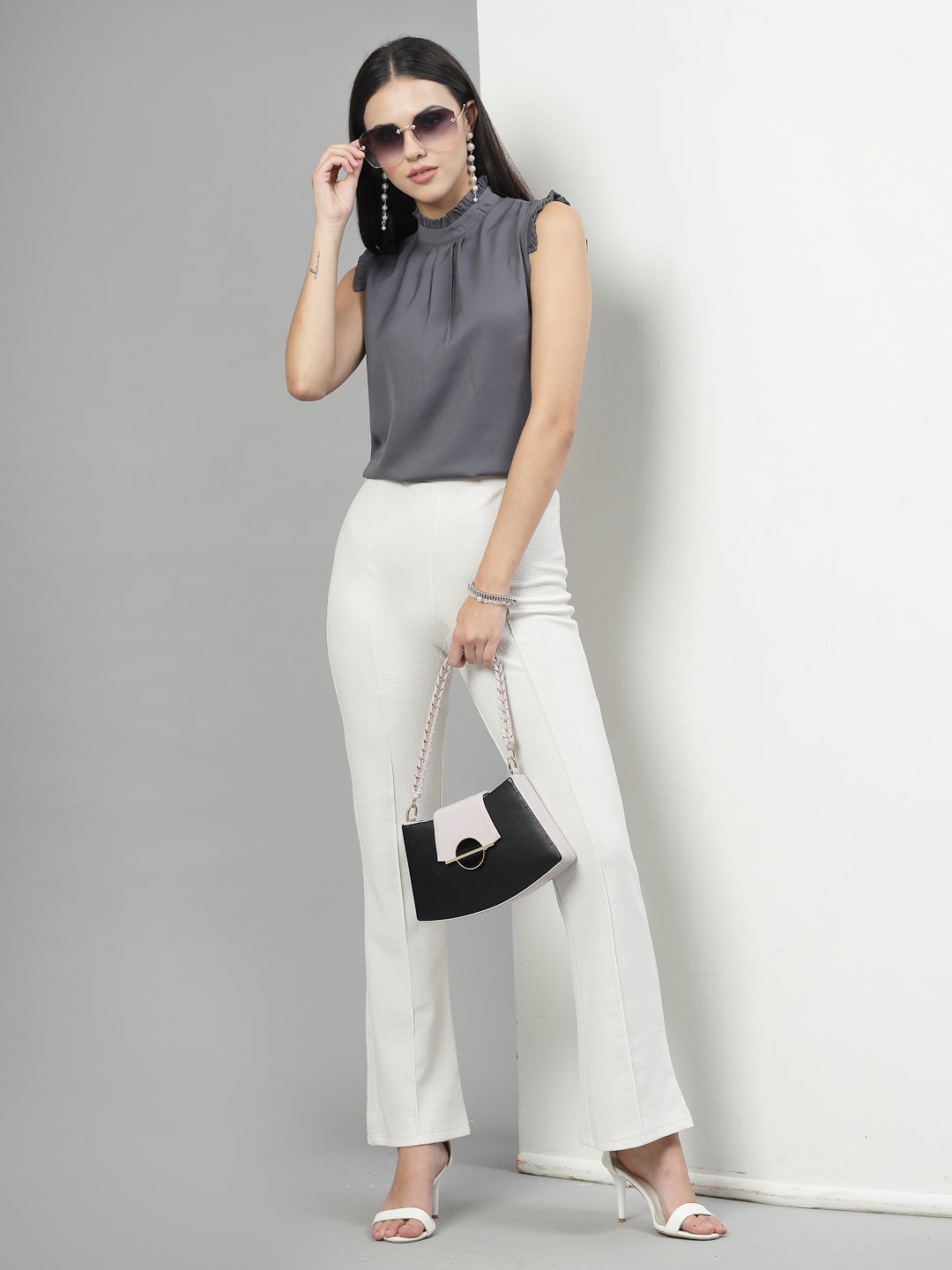 Style Quotient Women Solid Grey Polycrepe Smart Casual Top-Tops-StyleQuotient