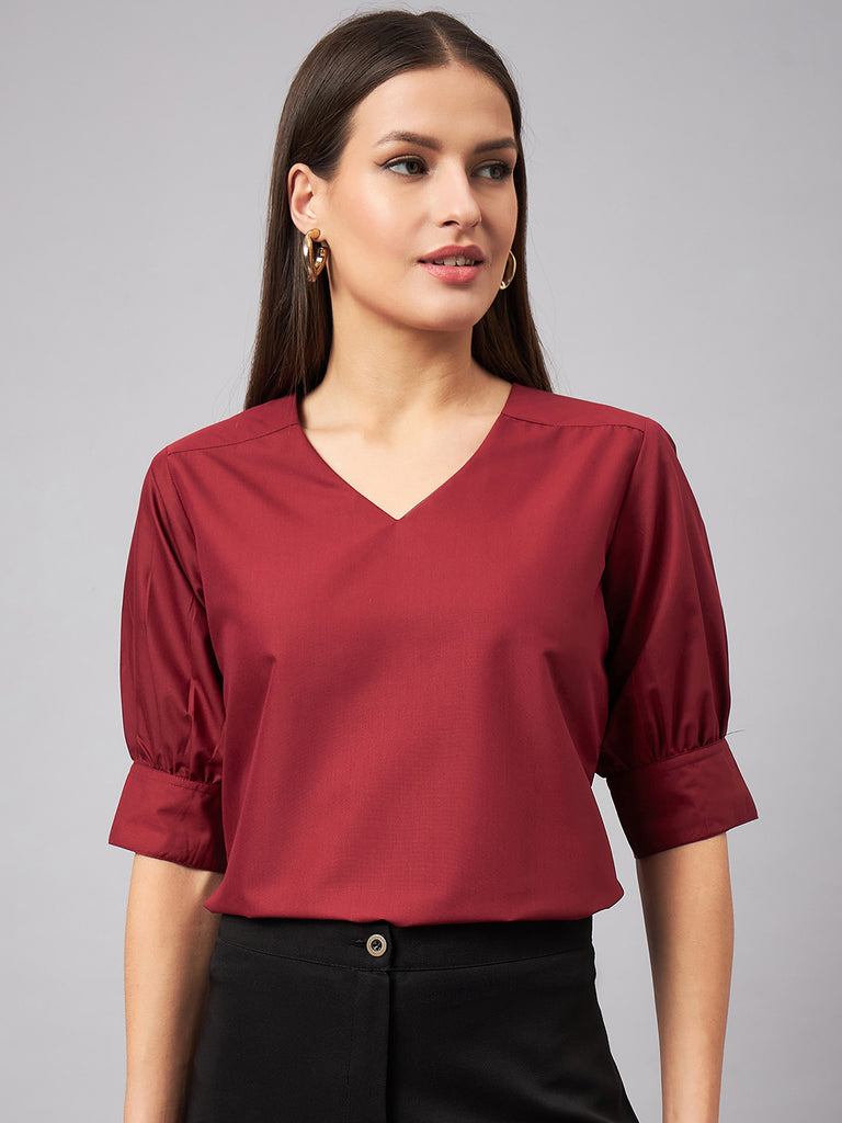 Style Quotient Women Solid Maroon PolyCotton Formal Top-Tops-StyleQuotient
