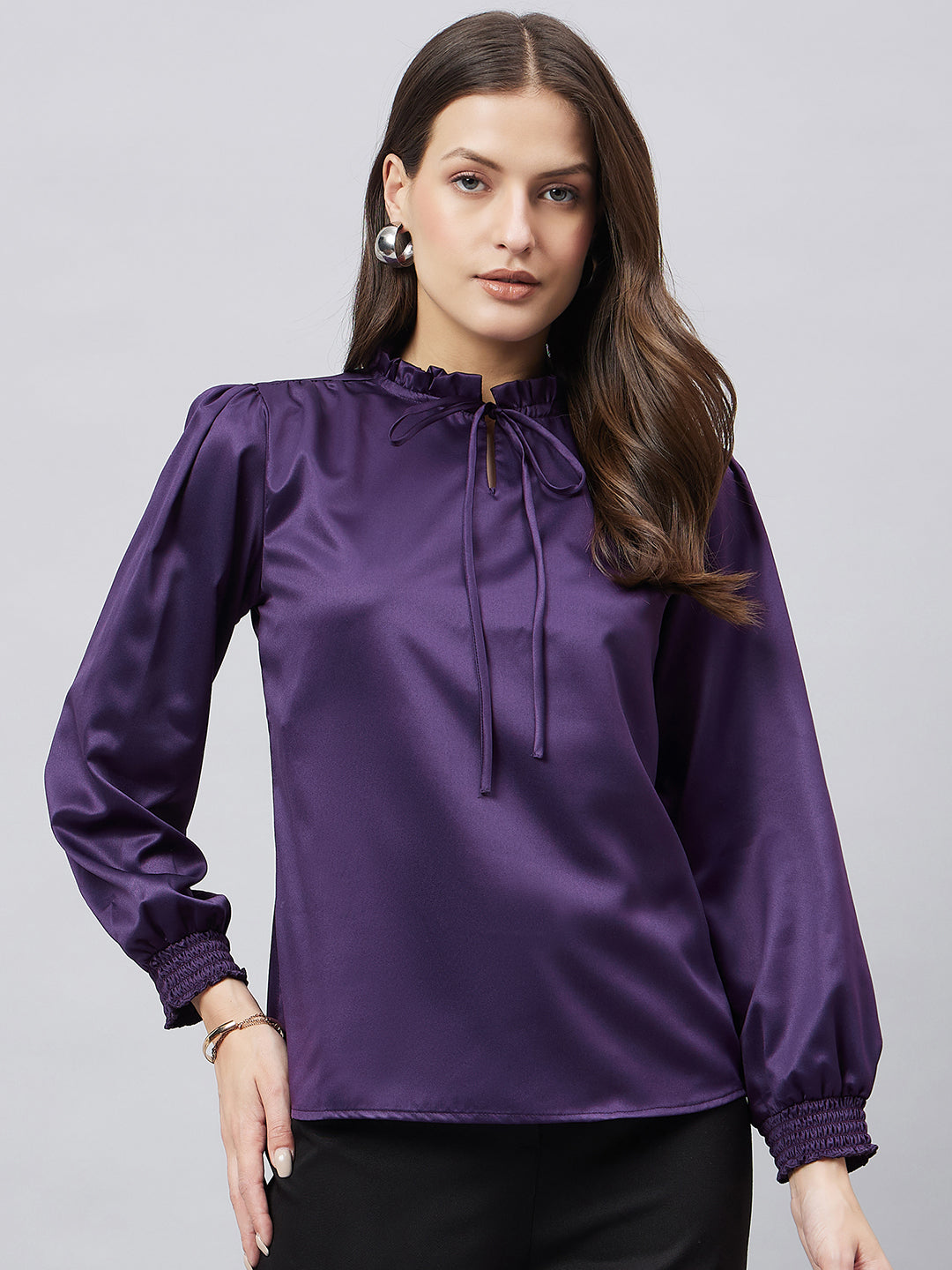Style Quotient Women Solid Wine Satin Regular Fit Party Top-Tops-StyleQuotient