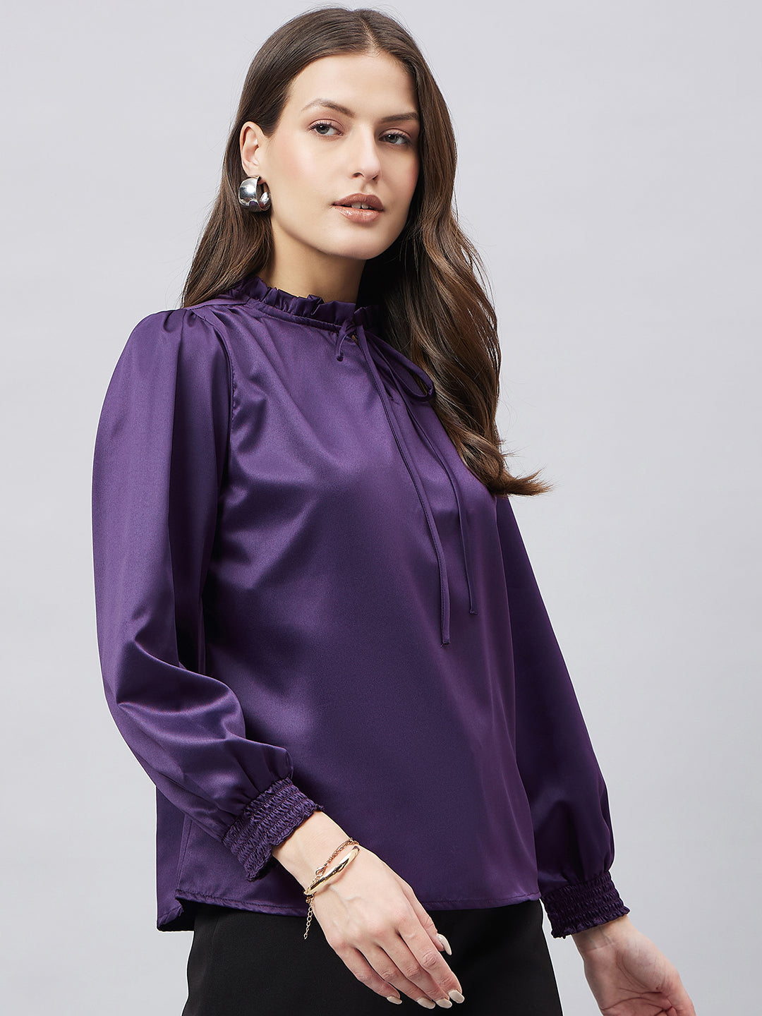 Style Quotient Women Solid Wine Satin Regular Fit Party Top-Tops-StyleQuotient