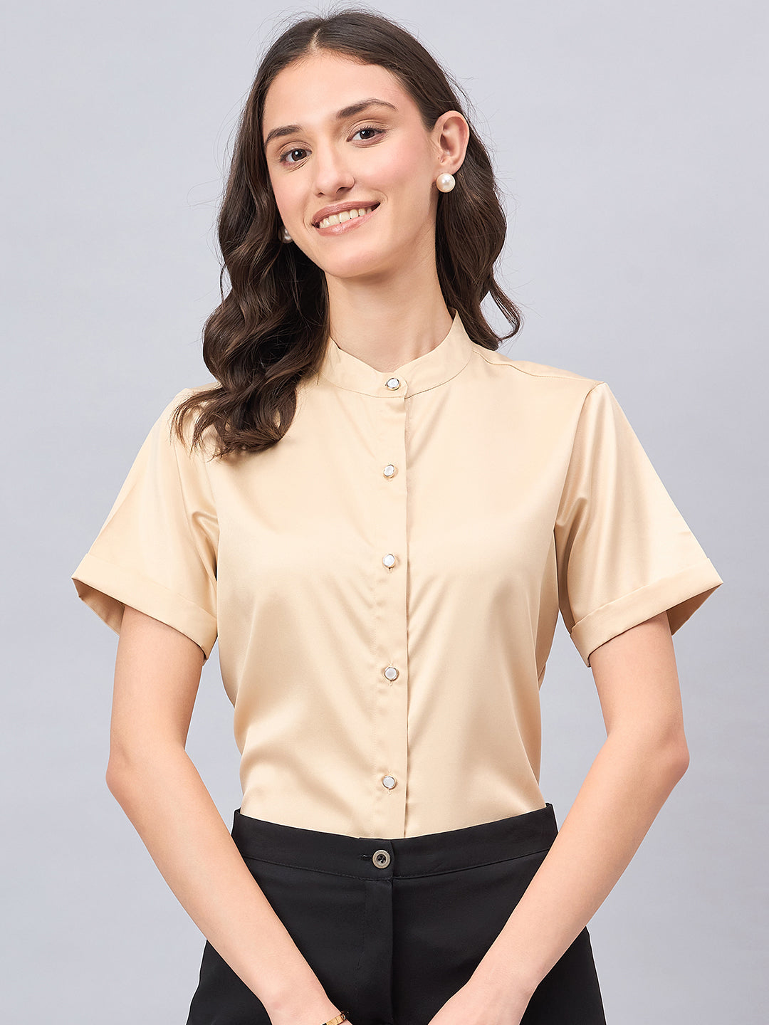 Style Quotient Women Solid Champagne Satin Party Shirt-Shirts-StyleQuotient