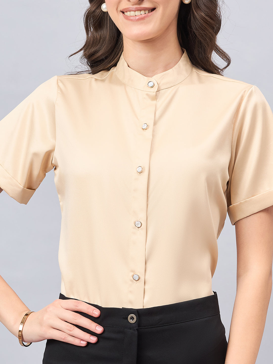 Style Quotient Women Solid Champagne Satin Party Shirt-Shirts-StyleQuotient
