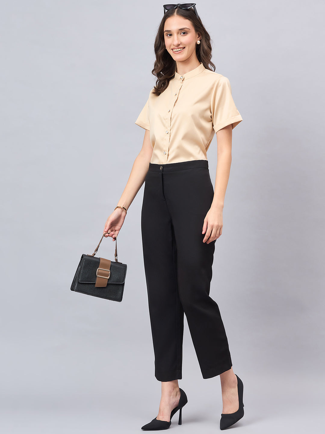 Style Quotient Women Solid Champagne Satin Party Shirt-Shirts-StyleQuotient