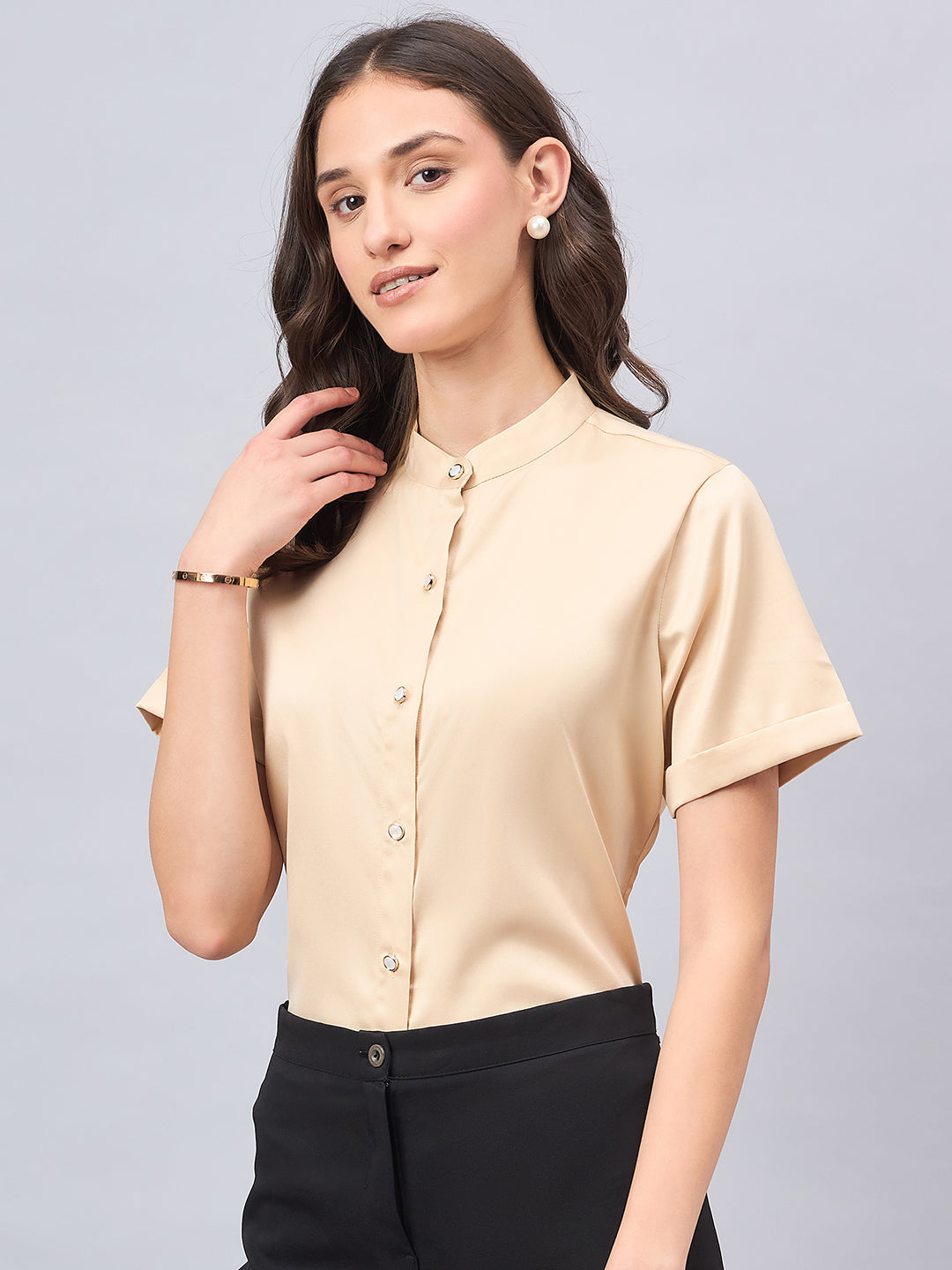 Style Quotient Women Solid Champagne Satin Party Shirt-Shirts-StyleQuotient