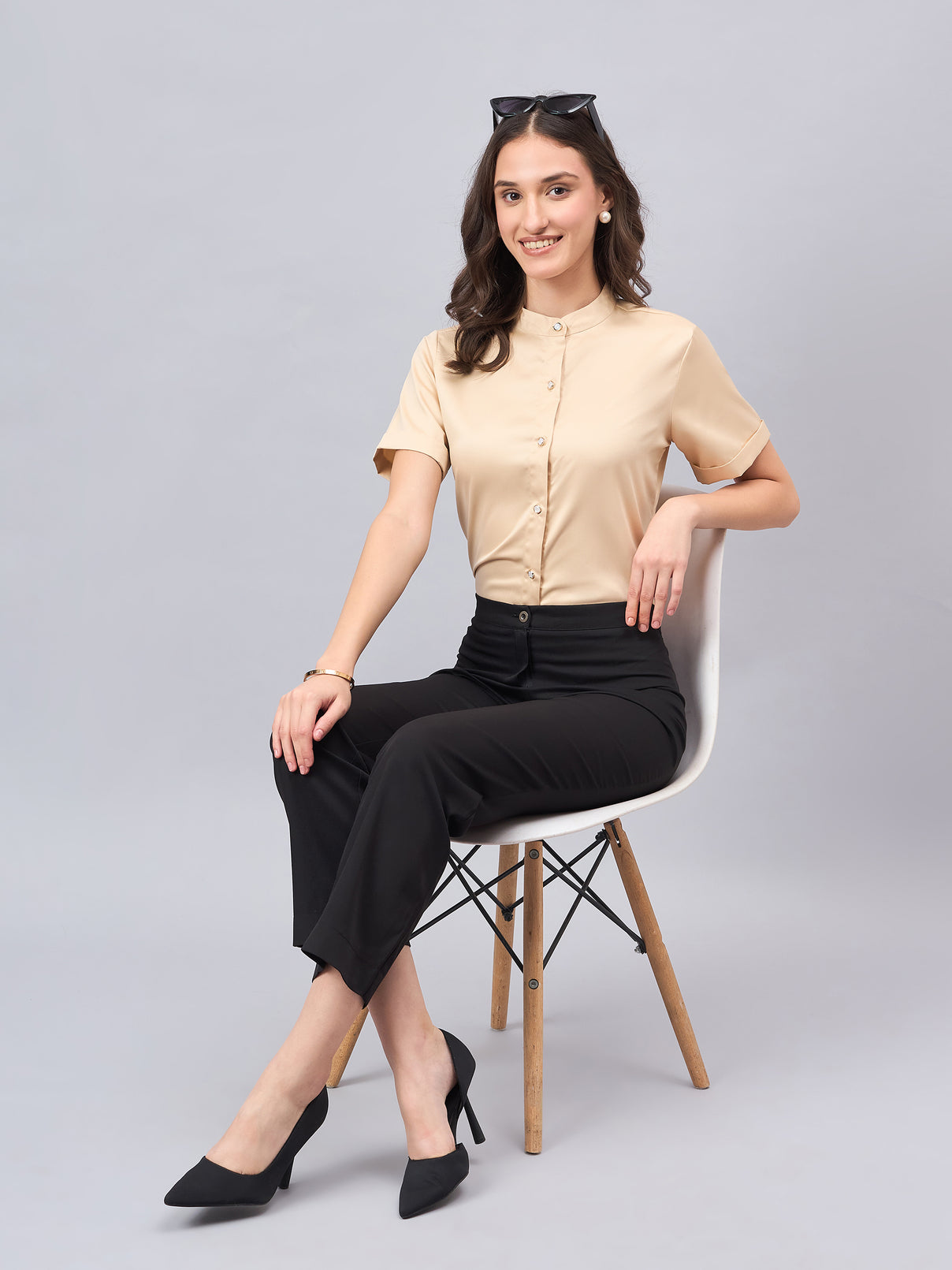 Style Quotient Women Solid Champagne Satin Party Shirt-Shirts-StyleQuotient