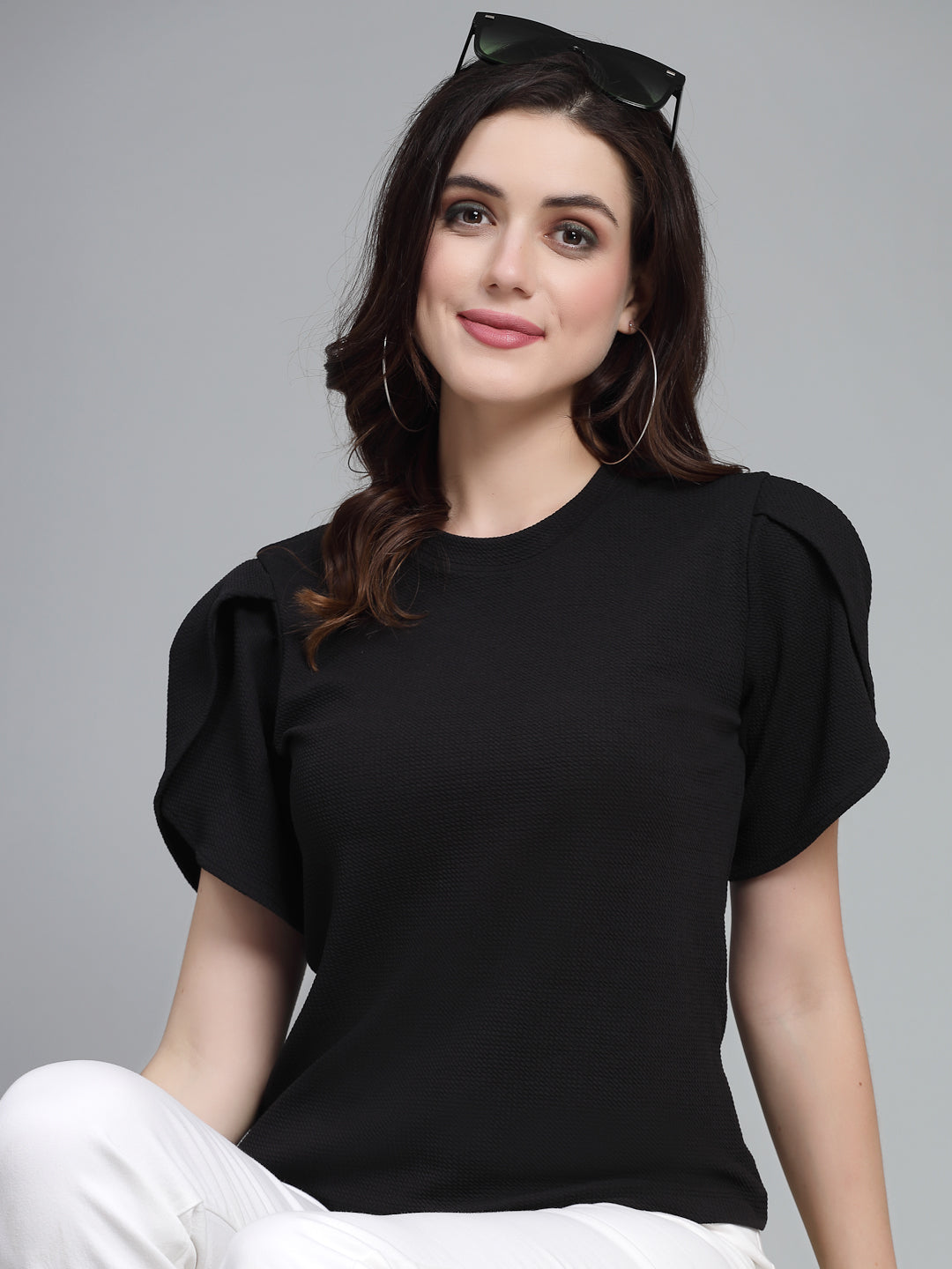Style Quotient Women Black Poly Knit Smart Casual Top-Tops-StyleQuotient