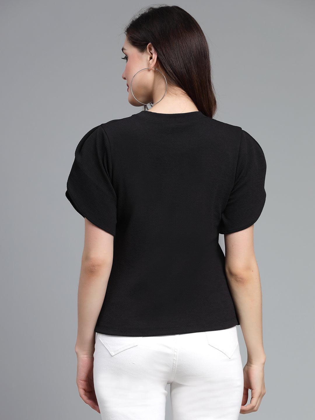 Style Quotient Women Black Poly Knit Smart Casual Top-Tops-StyleQuotient