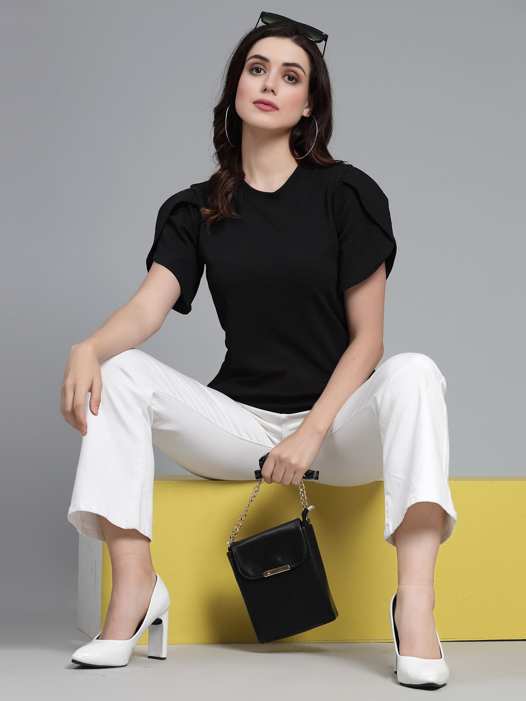 Style Quotient Women Black Poly Knit Smart Casual Top-Tops-StyleQuotient