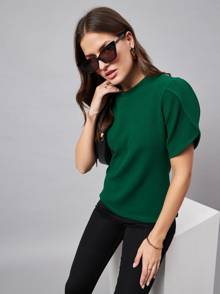Style Quotient Women Solid Emerald green Poly Knit Smart Casual Regular Top-Tops-StyleQuotient