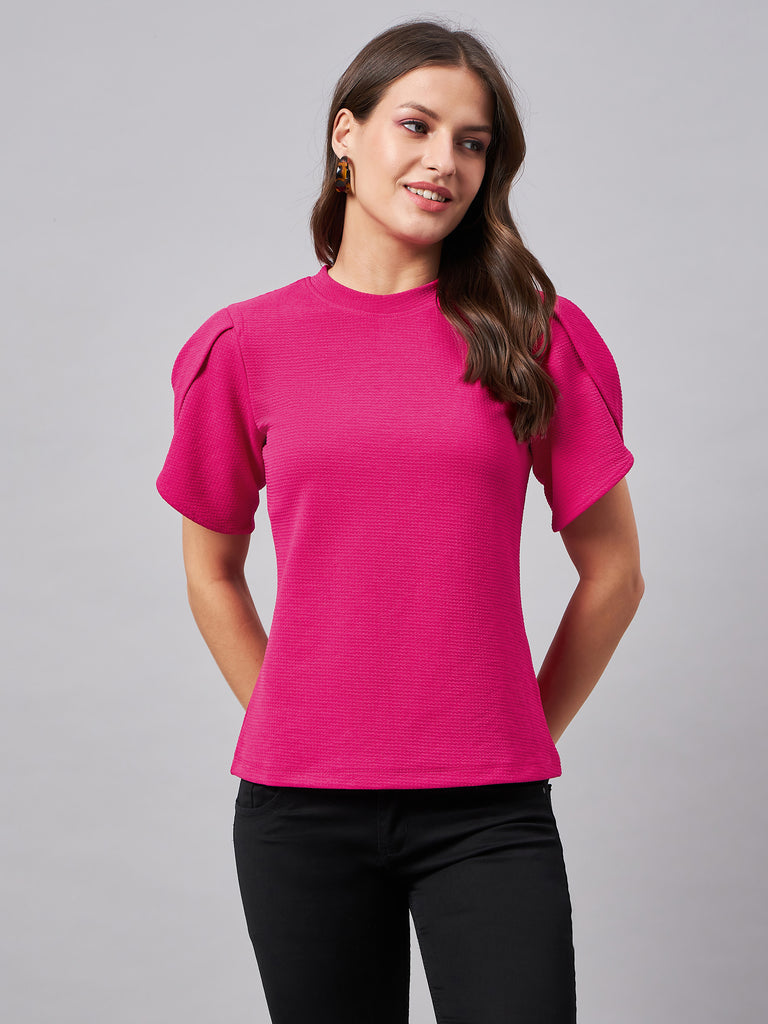 Style Quotient Women Solid Fuchsia Pink Poly Knit Smart Casual Regular Top-Tops-StyleQuotient
