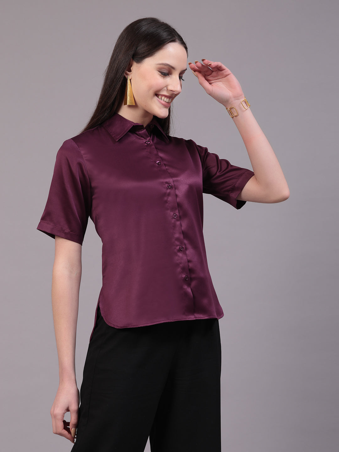 Style Quotient Women Wine Satin Comfort Fit Shirt-Shirts-StyleQuotient