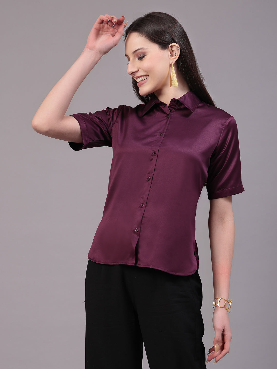 Style Quotient Women Wine Satin Comfort Fit Shirt-Shirts-StyleQuotient