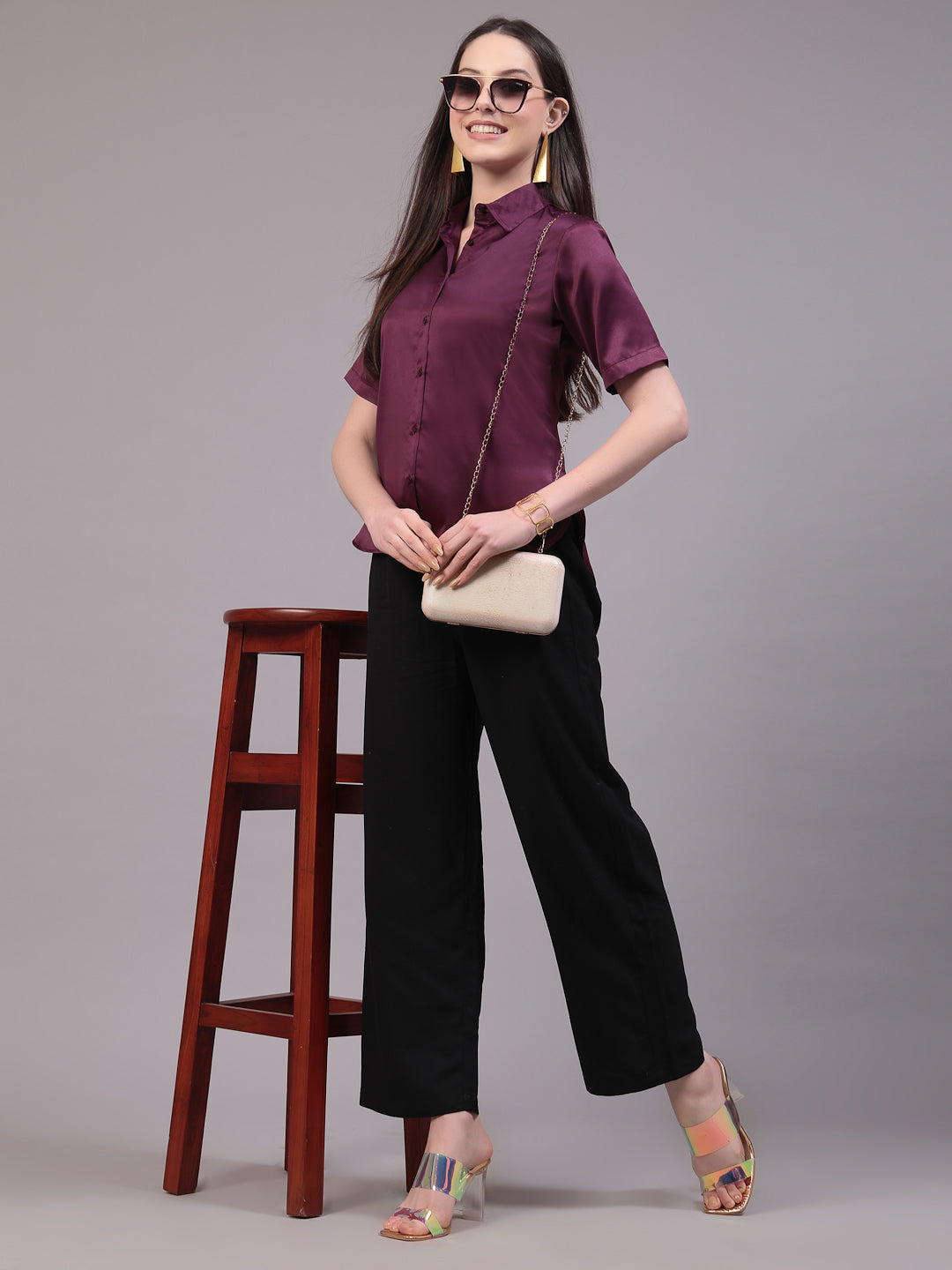 Style Quotient Women Wine Satin Comfort Fit Shirt-Shirts-StyleQuotient