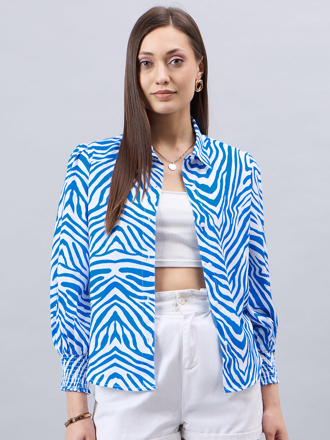 Style Quotient Women Blue And White Animal Printed Polyester Regular Fit Smart Casual Shirt-Shirts-StyleQuotient