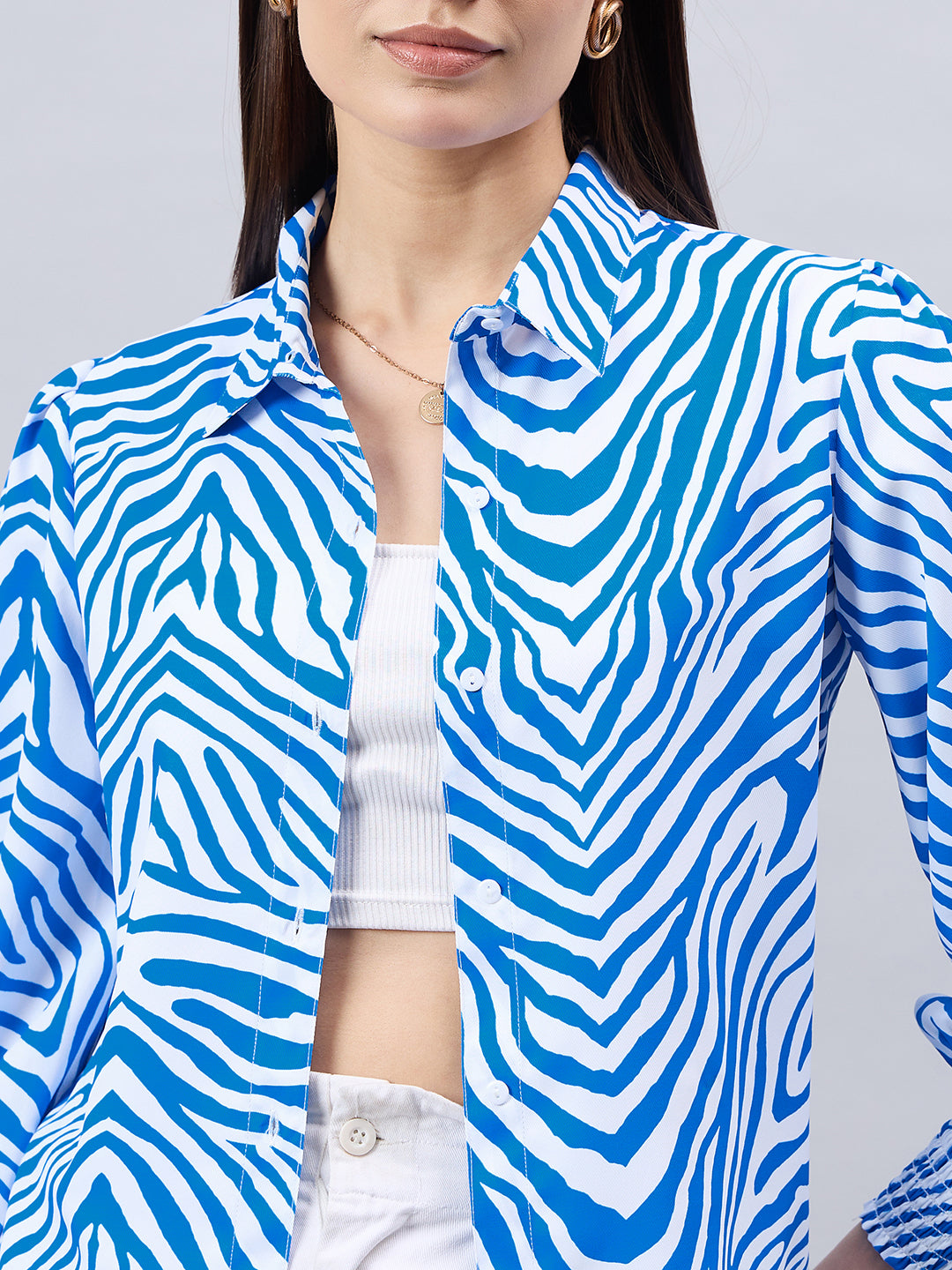 Style Quotient Women Blue And White Animal Printed Polyester Regular Fit Smart Casual Shirt-Shirts-StyleQuotient