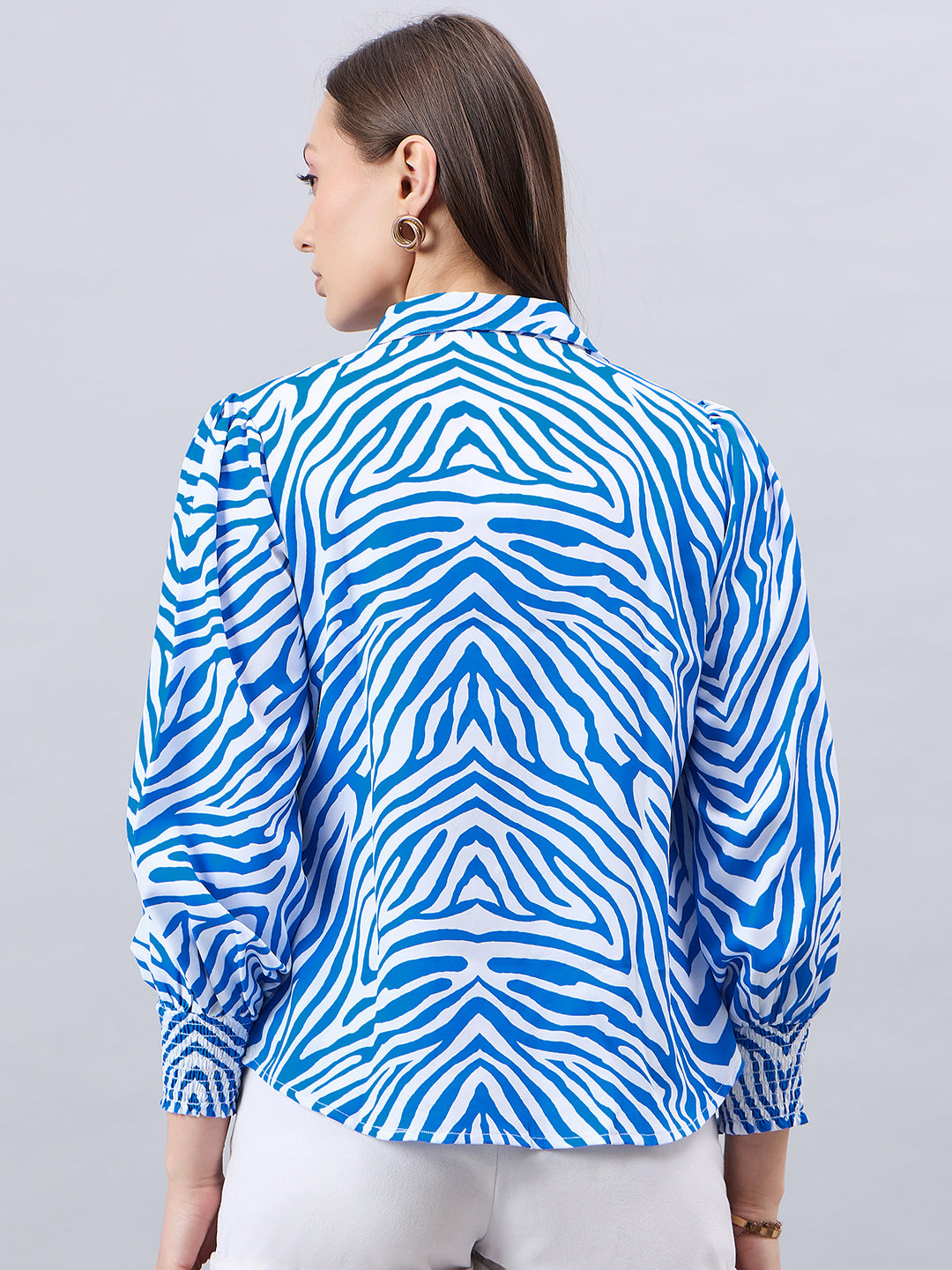 Style Quotient Women Blue And White Animal Printed Polyester Regular Fit Smart Casual Shirt-Shirts-StyleQuotient