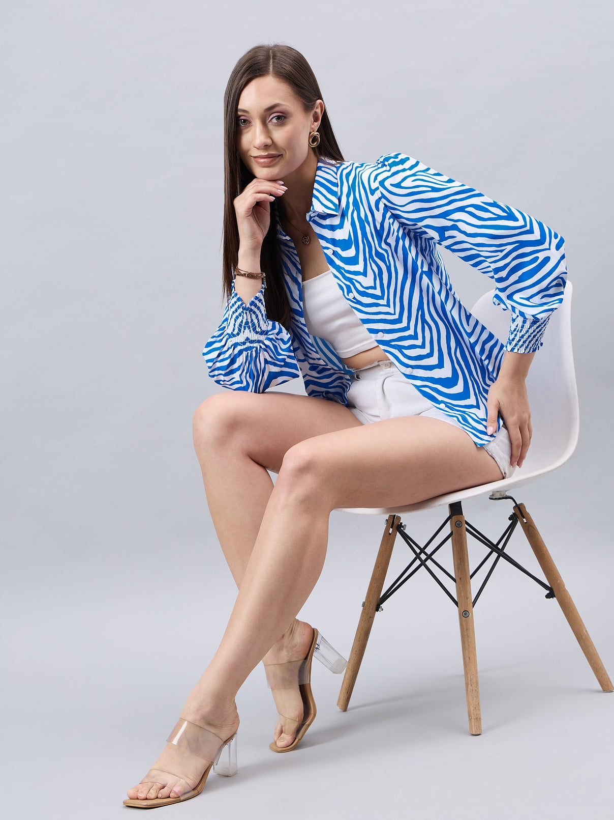 Style Quotient Women Blue And White Animal Printed Polyester Regular Fit Smart Casual Shirt-Shirts-StyleQuotient