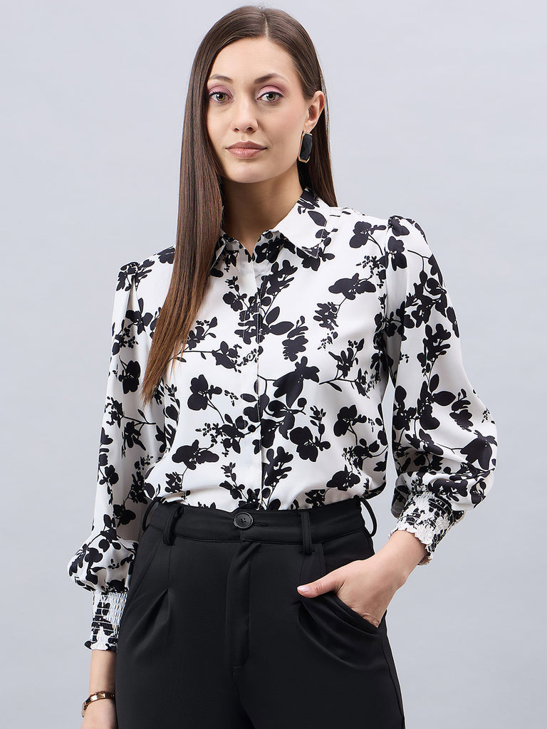 Style Quotient Women Black And White Floral Printed Polyester Regular Fit Smart Casual Shirt-Shirts-StyleQuotient