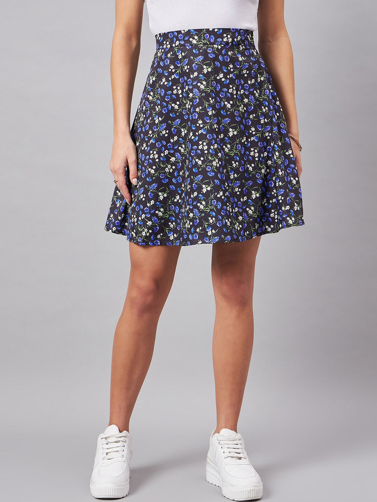Style Quotient Women Blue, Black And Multi Floral Printed Polyester Mini Skirt-Skirts-StyleQuotient