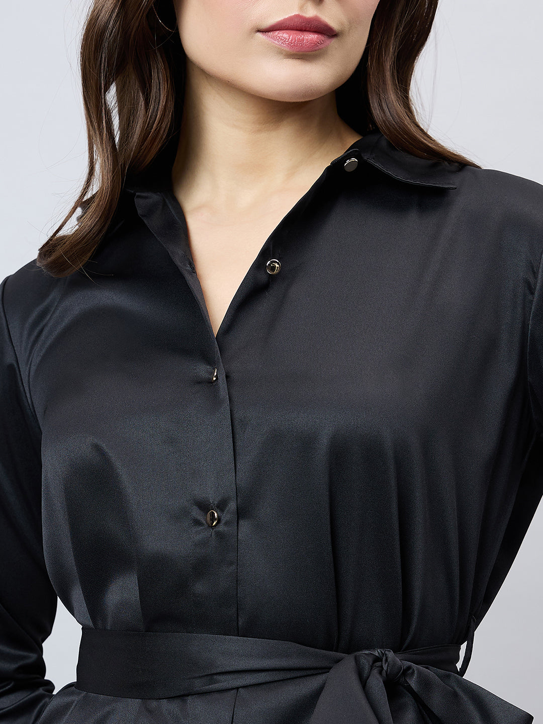 Style Quotient Women Solid Black Satin Relaxed Fit Party Shirt Dress-Shirts-StyleQuotient