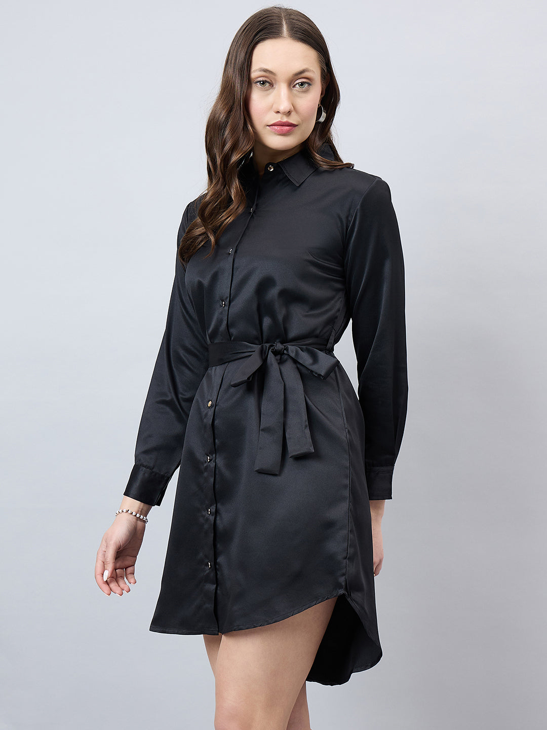 Style Quotient Women Solid Black Satin Relaxed Fit Party Shirt Dress-Shirts-StyleQuotient
