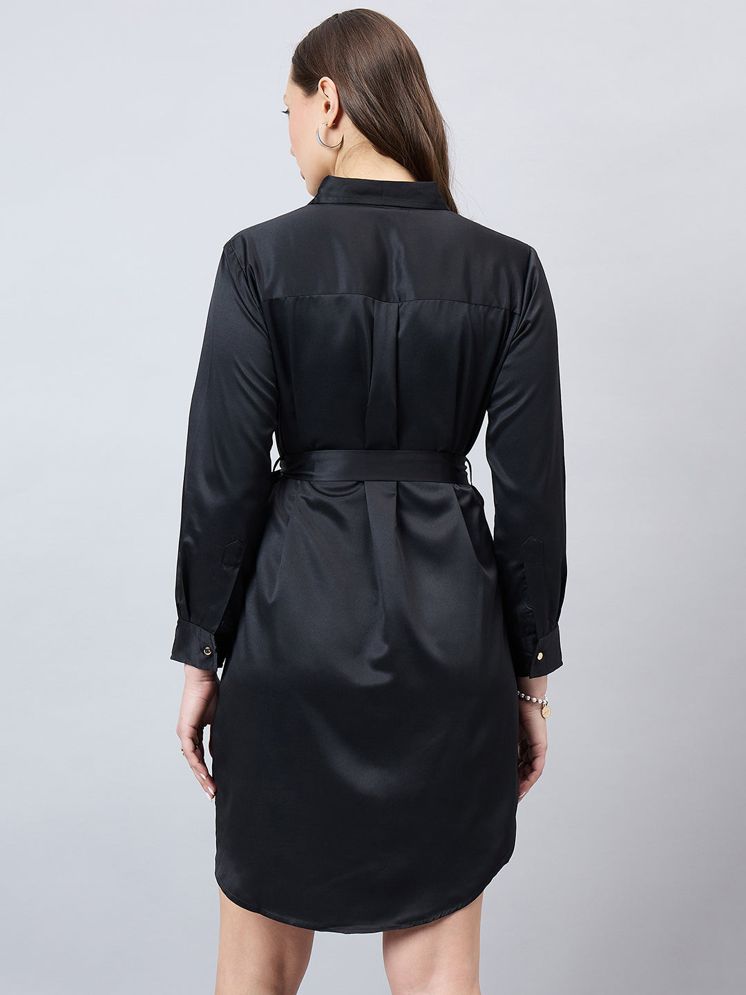 Style Quotient Women Solid Black Satin Relaxed Fit Party Shirt Dress-Shirts-StyleQuotient