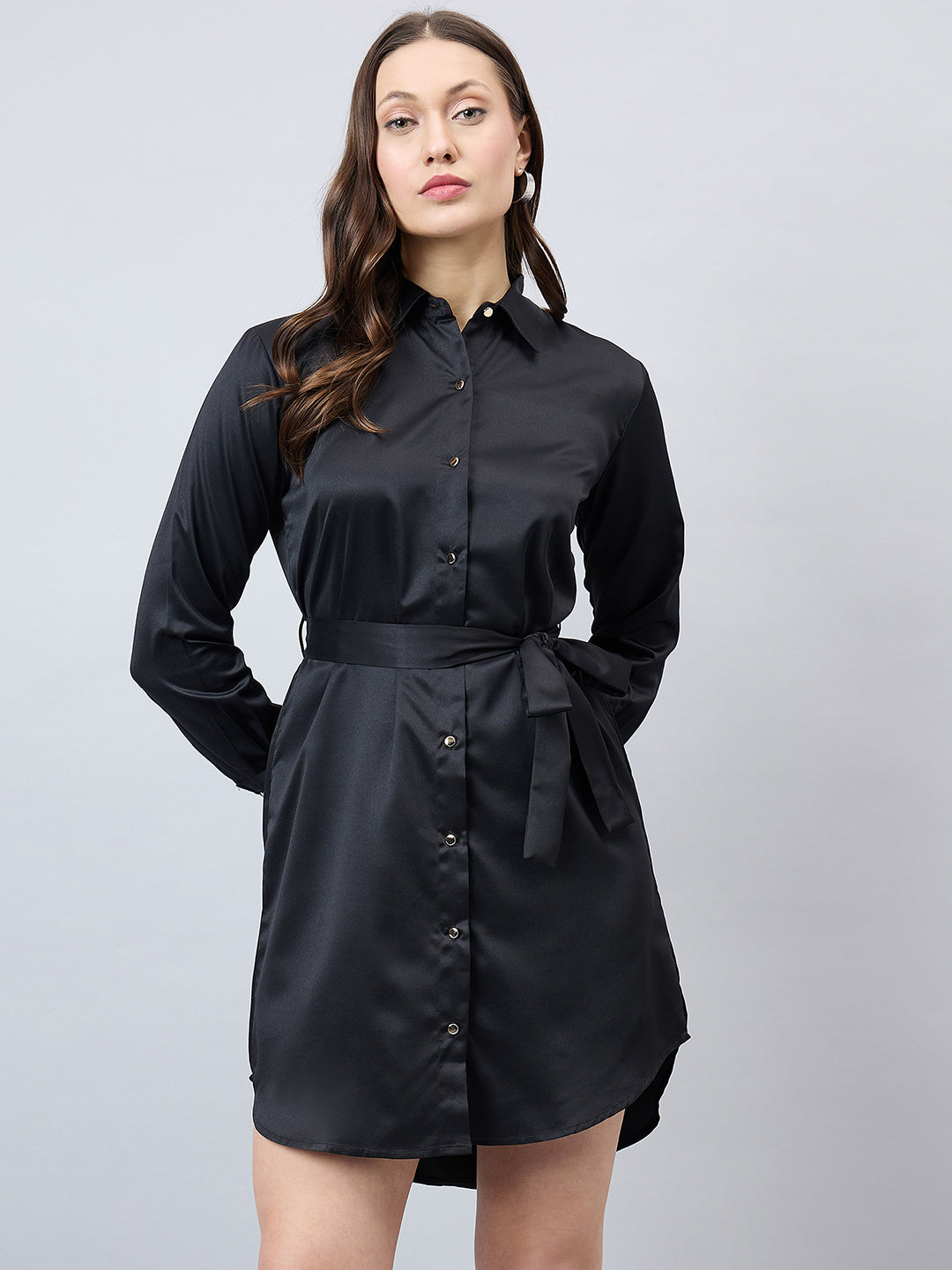 Style Quotient Women Solid Black Satin Relaxed Fit Party Shirt Dress-Shirts-StyleQuotient