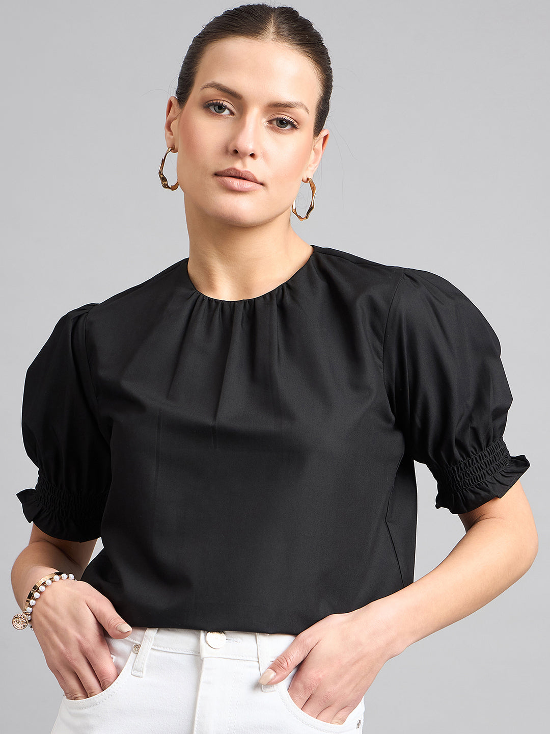 Style Quotient Women Solid Black Polycotton Regular Smart Casual Top-Tops-StyleQuotient